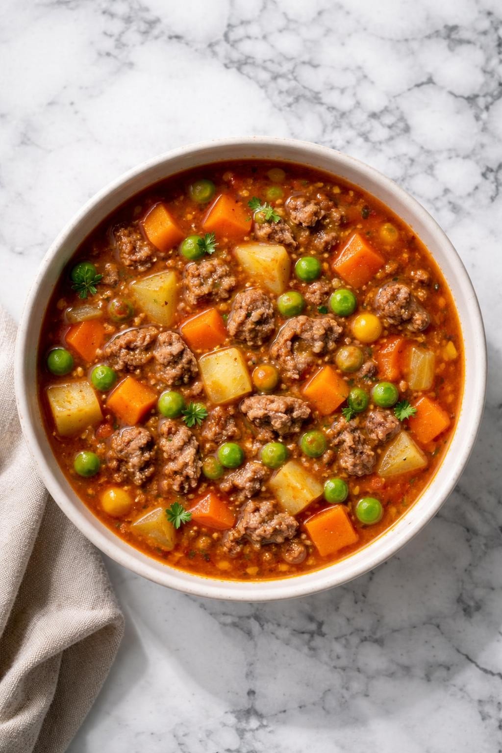 Image Prompt: Realistic top-down editorial food photography of hamburger soup with peas and carrots in a simple neutral bowl on a clean white and gray marble countertop, savory tomato broth with browned ground beef, green peas, diced carrots, potatoes, and herbs, warm homemade comfort food styling, bright natural light, soft shadows, no people, no hands, no text, no watermarks, no props with writing.