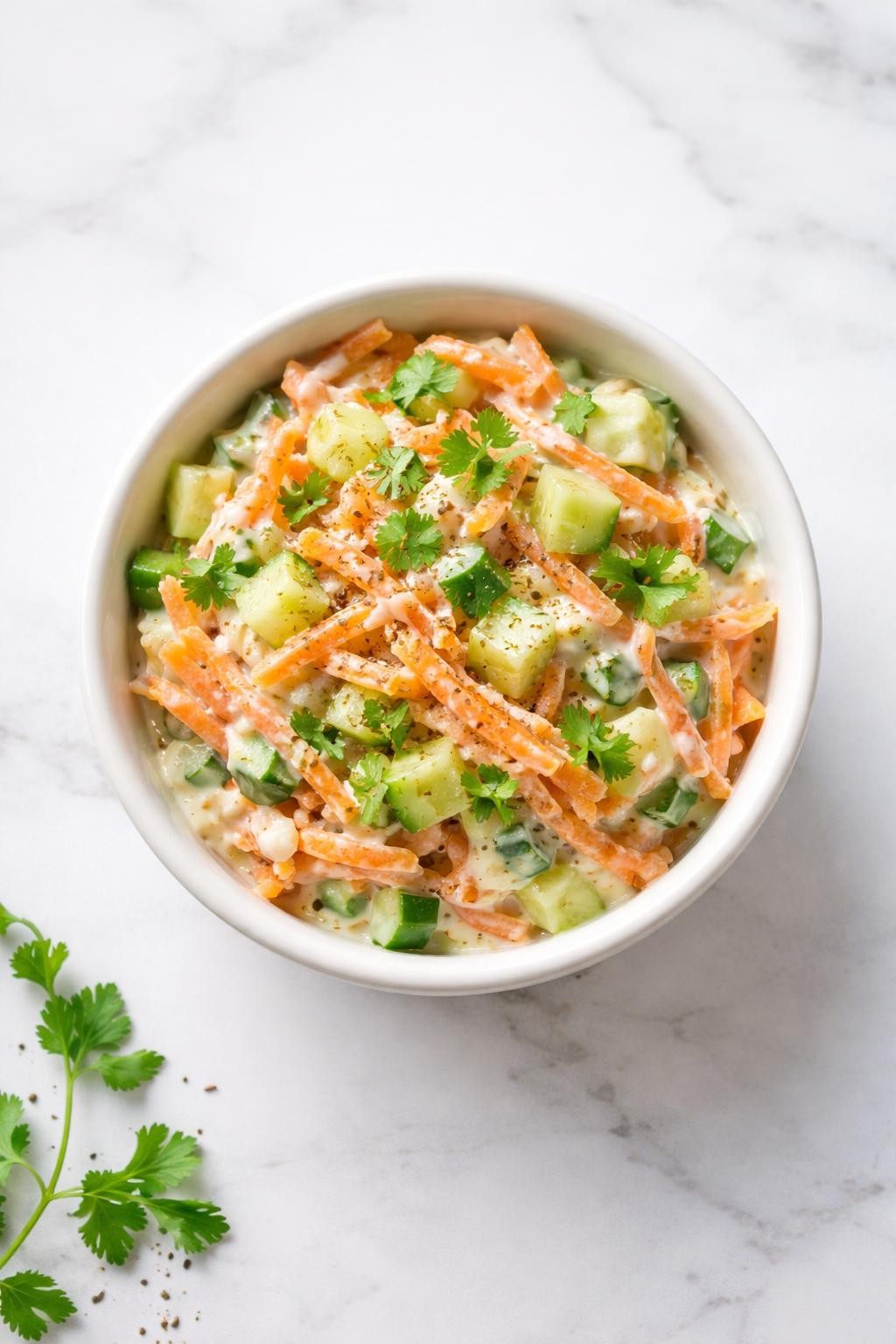 Image Prompt: Top-down realistic editorial food photography of carrot cucumber yogurt salad in a small white bowl on a bright white marble countertop, creamy yogurt mixed with grated carrot, diced cucumber, cilantro, and cumin, cooling homemade Indian salad styling, bright natural daylight, clean editorial composition, high detail, no people, no hands, no text, no watermarks, no props with writing.