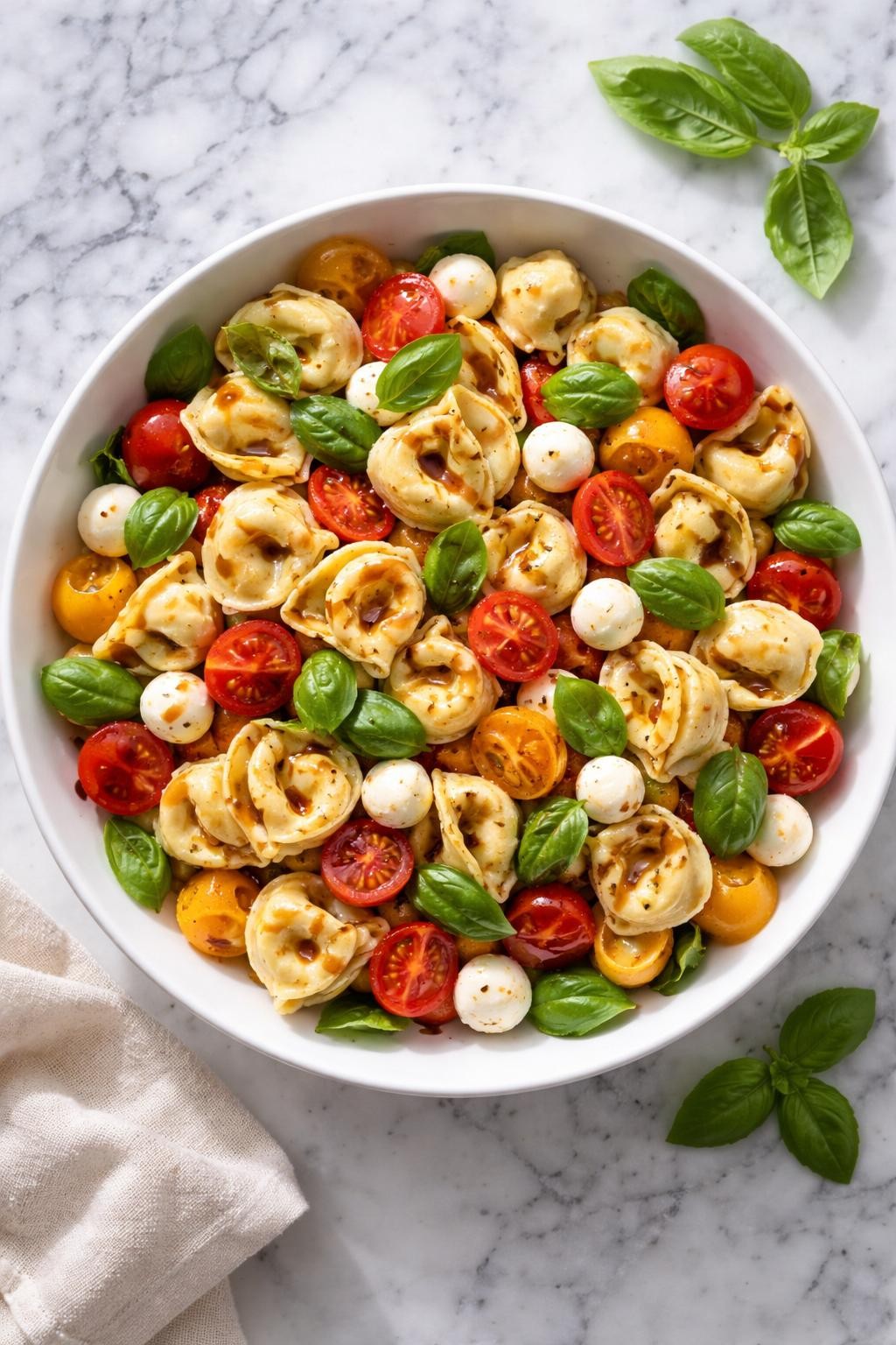 Image Prompt: Realistic top-down editorial food photography of balsamic tortellini pasta salad in a white serving bowl on a white and gray marble countertop, cheese tortellini with cherry tomatoes, mozzarella pearls, basil leaves, and glossy balsamic dressing, fresh homemade Italian styling, bright natural light, soft shadows, no people, no hands, no text, no watermarks, no props with writing.