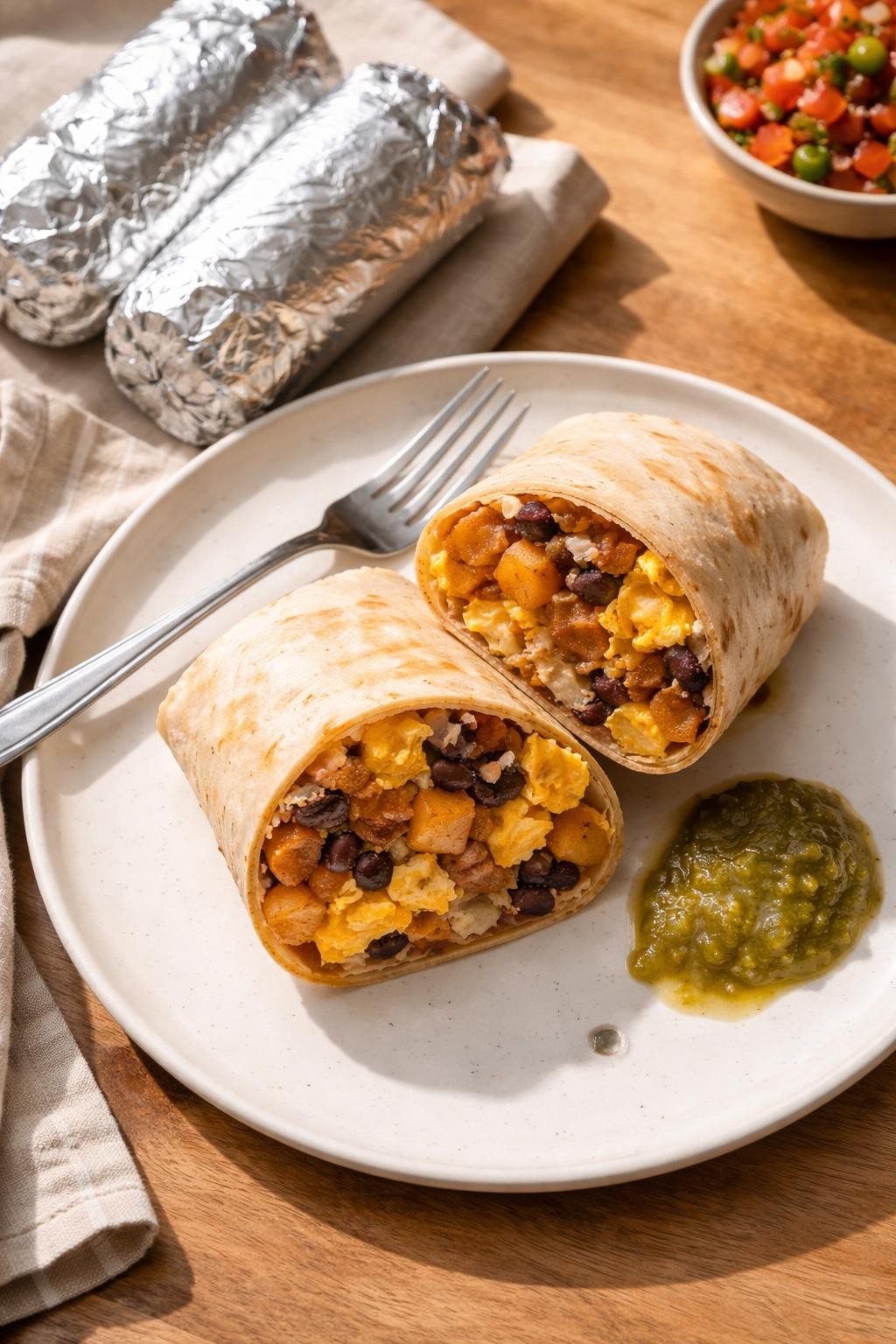 Prompt: Realistic top-down editorial food photography of a large breakfast burrito cut in half on a white plate, showing a cross-section of scrambled eggs, melted cheddar cheese, black beans, and small potato cubes. Two more wrapped burritos in foil sit nearby. A small dollop of green salsa and a fork rest on the plate. Morning sunlight from a window, cozy and efficient breakfast meal prep style, no people, no hands, no text, no watermarks, no props with writing.