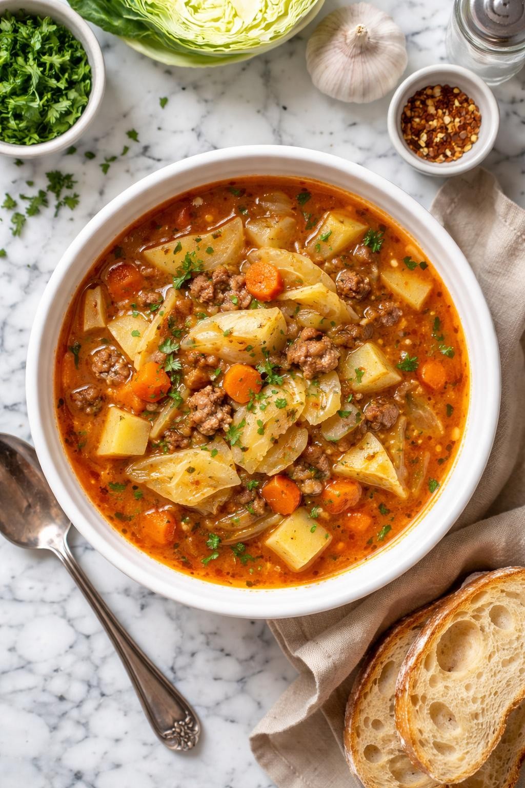An overheard picture view of a plate of Classic Mennonite Cabbage Soup sitting on a marble countertop table in the kitchen, professional food photography style.