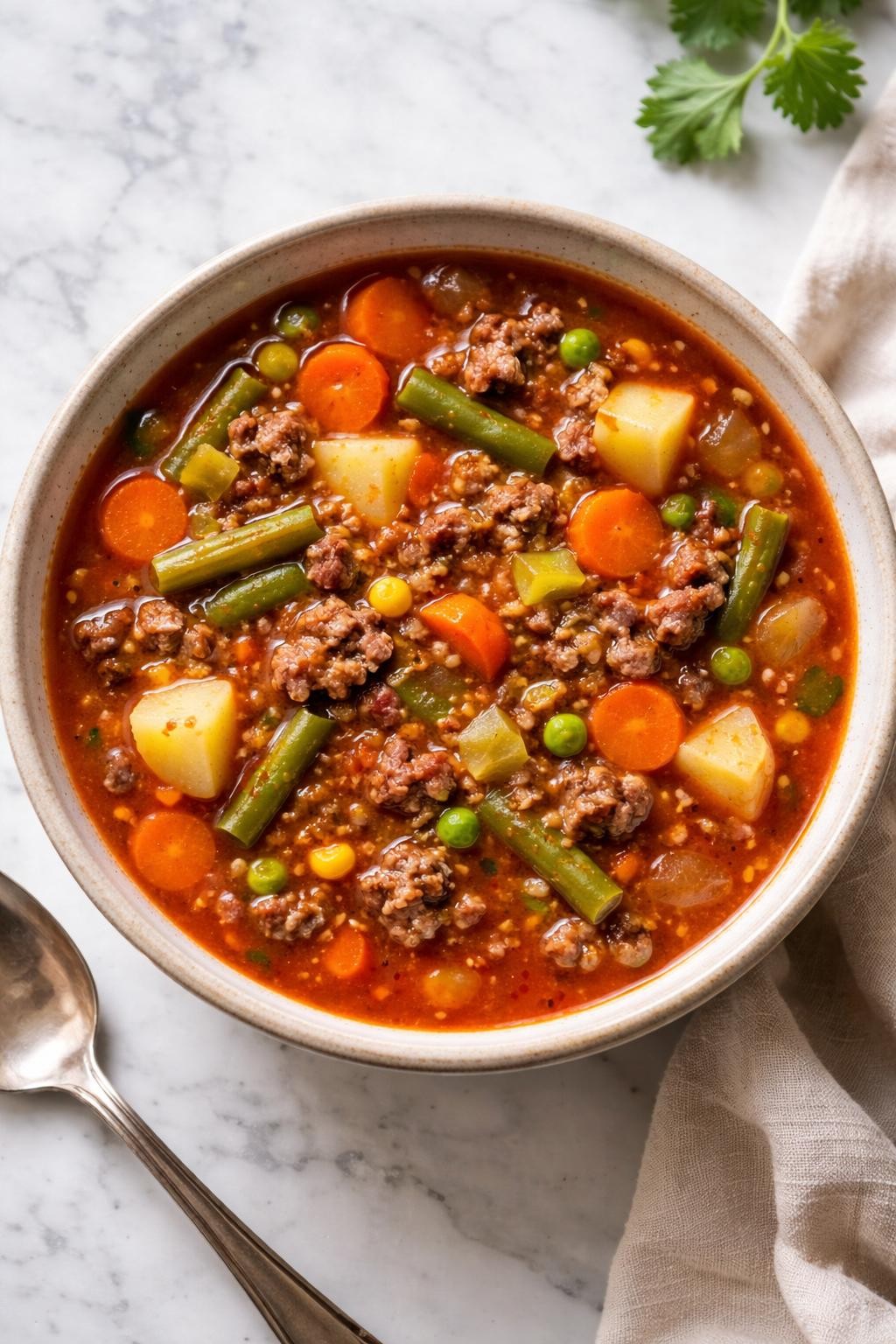 Image Prompt: Realistic top-down editorial food photography of classic hamburger vegetable soup in a simple rustic bowl on a clean white and gray marble countertop, rich tomato-based broth filled with browned ground beef, diced potatoes, carrots, celery, green beans, and peas, warm cozy homemade dinner mood, bright natural window lighting, soft shadows, clean composition, high detail, realistic food texture, no people, no hands, no text, no watermarks, no props with writing.