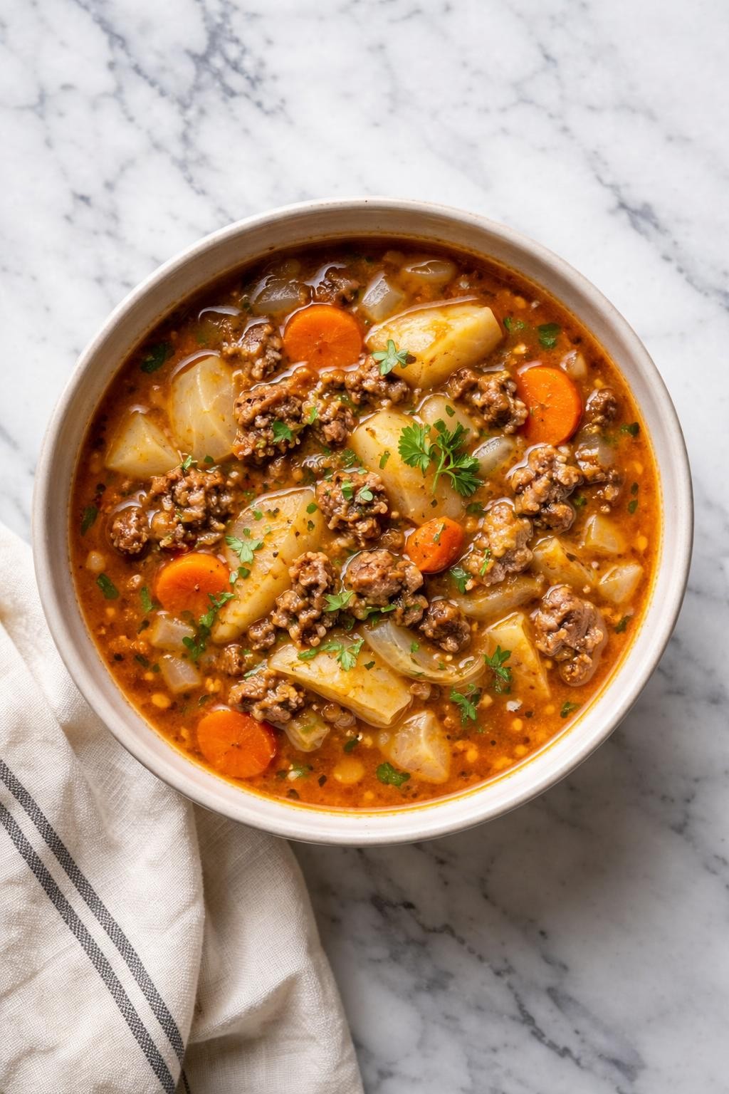 Image Prompt: Realistic top-down editorial food photography of hamburger cabbage soup in a simple neutral bowl on a clean white and gray marble countertop, savory tomato broth with browned ground beef, soft cabbage, carrots, onions, and herbs, cozy homemade dinner styling, bright natural window light, soft shadows, no people, no hands, no text, no watermarks, no props with writing.