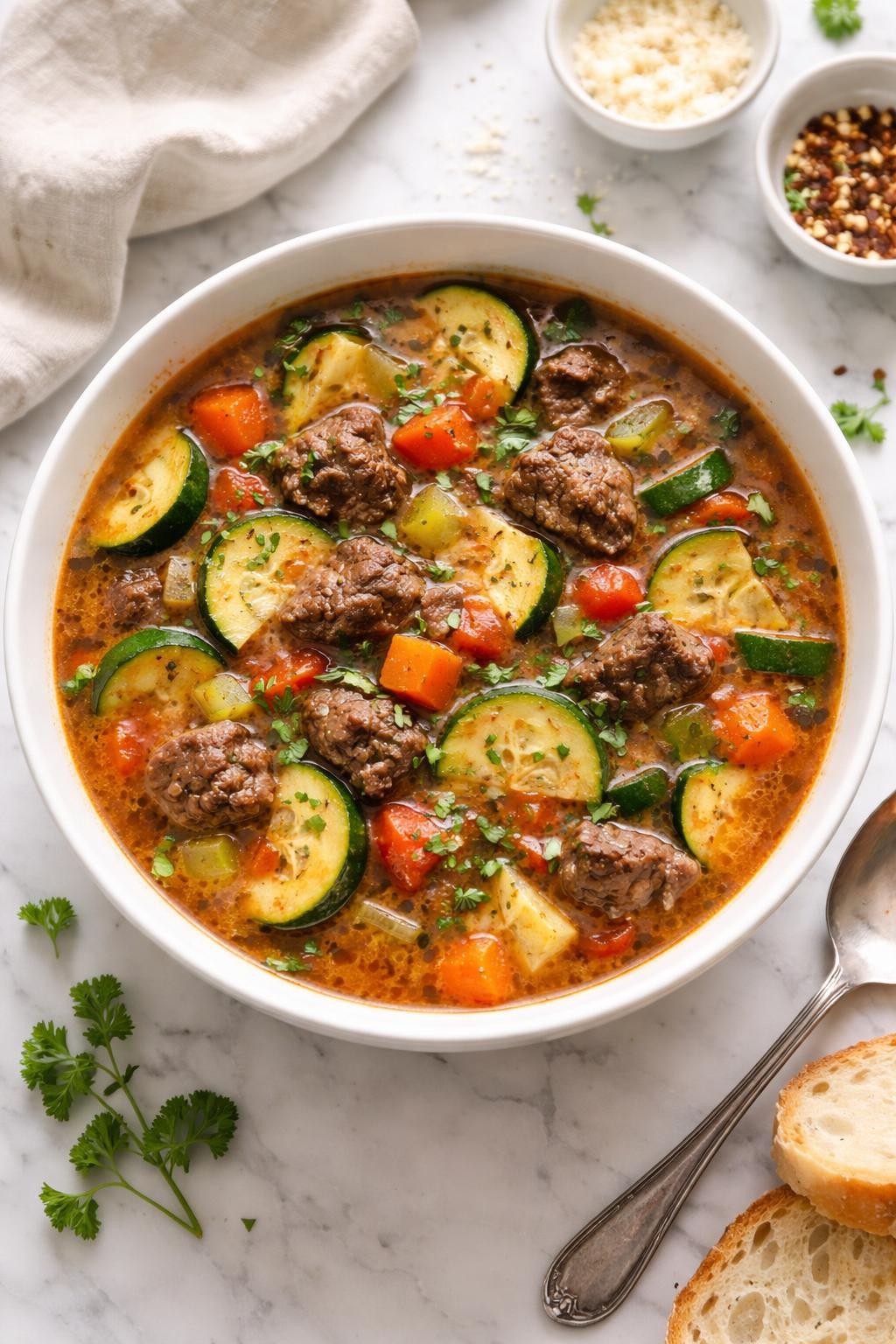 Image Prompt: Top-down realistic food photography of zucchini vegetable beef soup in a white bowl on a bright marble countertop, savory broth with beef, zucchini, carrots, tomatoes, and herbs, light homemade dinner styling, bright natural daylight, clean editorial composition, high detail, no people, no hands, no text, no watermarks, no props with writing.
