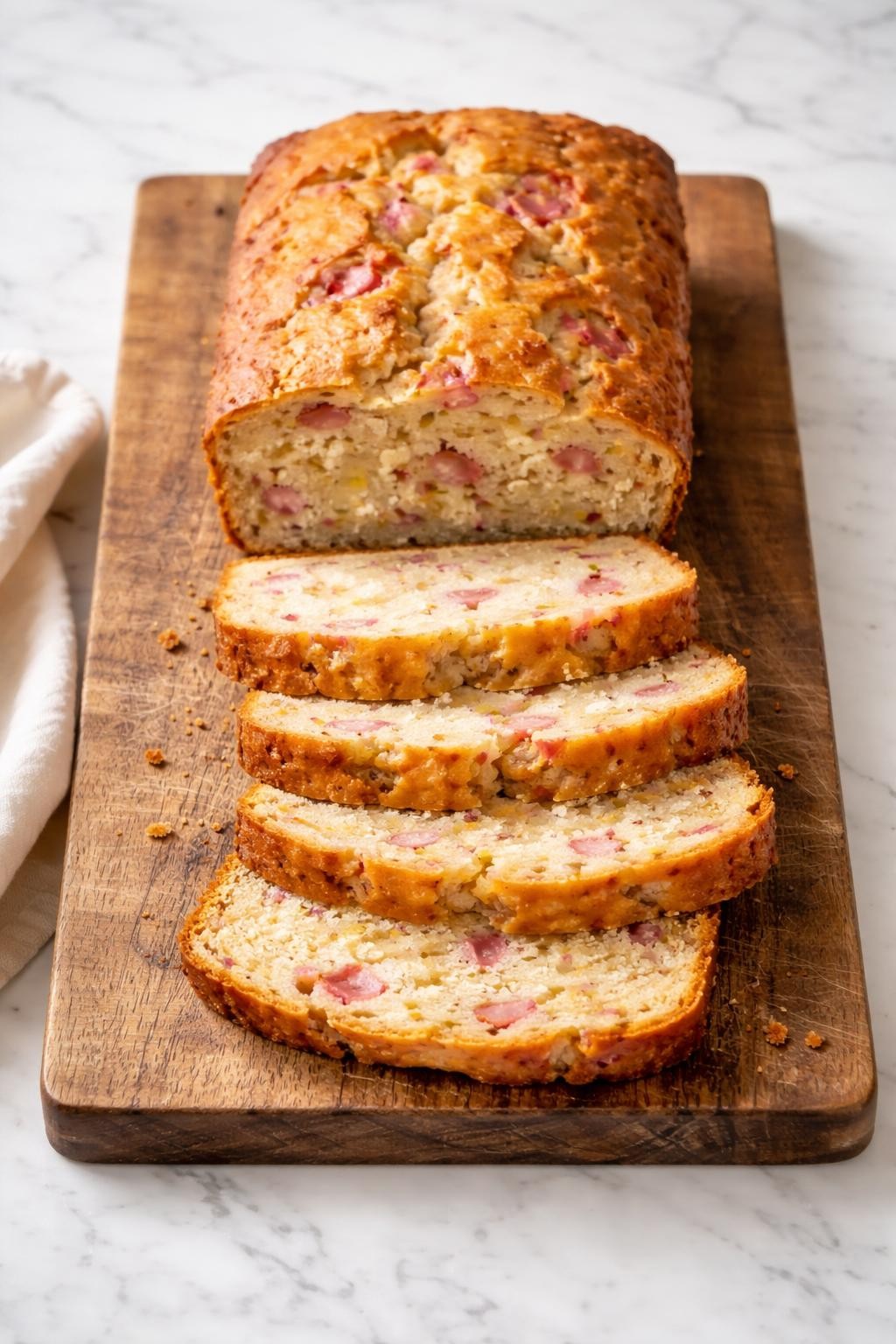 Image Prompt: Top-down realistic food photography of a sliced vegan rhubarb loaf cake on a wooden board over a clean white marble countertop, tender golden loaf with pink rhubarb pieces inside, a few slices fanned out neatly, natural daylight, cozy homemade baking mood, no people, no hands, no text, no watermarks, no props with writing.