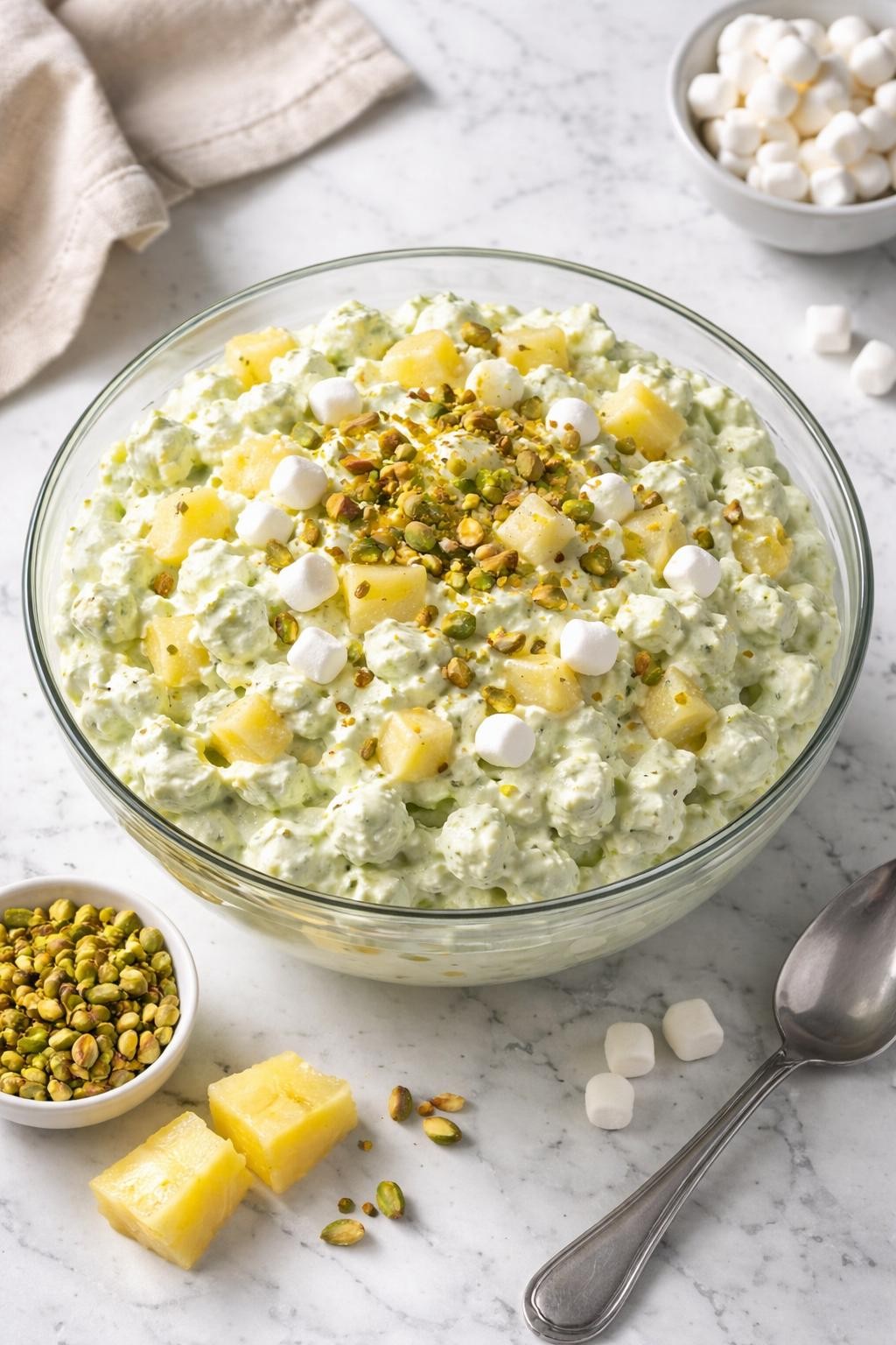 Image Prompt: Realistic top-down editorial food photography of pistachio pineapple fluff salad in a clear glass bowl on a clean white and gray marble countertop, pale green creamy fluff with pineapple, mini marshmallows, chopped pistachios, and whipped topping, retro potluck side dish styling, bright natural window lighting, soft shadows, clean composition, high detail, realistic texture, no people, no hands, no text, no watermarks, no props with writing.