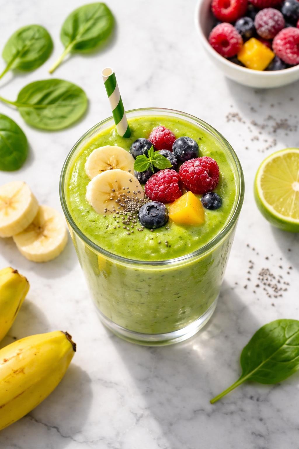 Realistic top-down editorial food photography of a frozen mixed fruit green smoothie in a clear glass on a clean white and gray marble countertop. The smoothie is bright green and creamy, styled with frozen mixed fruit, spinach leaves, banana slices, chia seeds, and a small lime wedge nearby. Soft natural daylight, clean healthy breakfast styling, realistic smoothie texture, high detail, no people, no hands, no text, no watermarks, no props with writing.