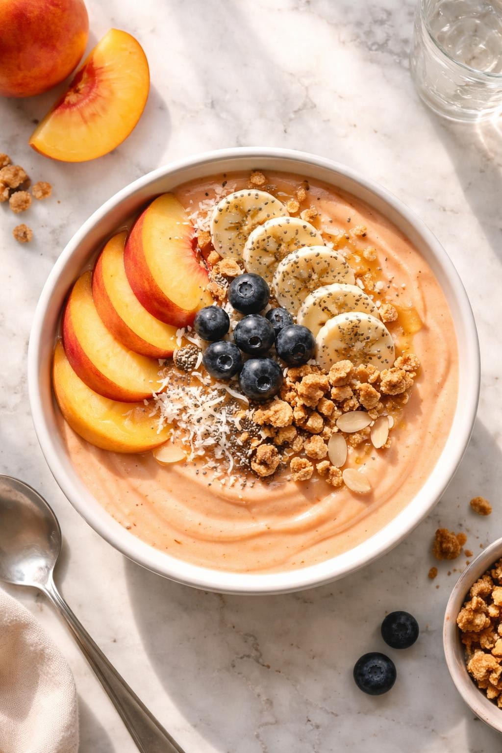 Prompt: A realistic top-down editorial food photography image of a thick peach smoothie bowl served in a white ceramic bowl, sitting on a countertop marble table. The smoothie base is soft peach-orange with a smooth swirled spoonable texture, topped with fresh peach slices, sliced banana, blueberries, granola clusters, chia seeds, shredded coconut, almond flakes, and a light honey drizzle. Soft natural morning light, clean composition, fresh summer breakfast mood, no people, no hands, no text, no watermarks, no props with writing.
