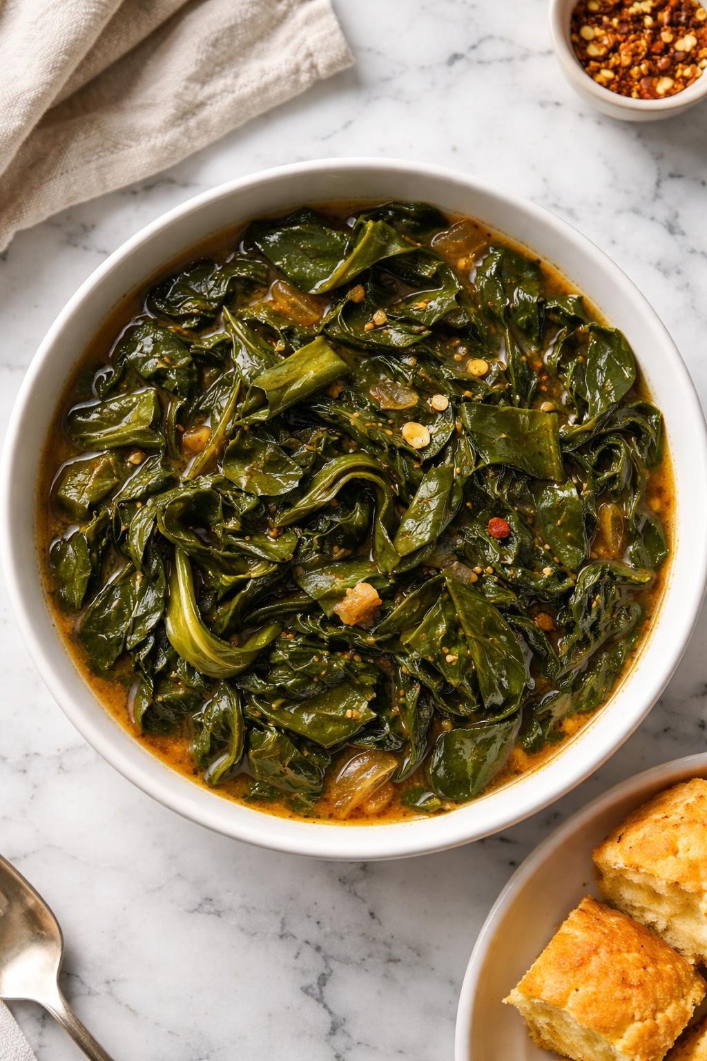 Image Prompt: Top-down realistic editorial food photography of vegan collard greens in a white serving bowl on a clean white and gray marble countertop, tender dark green collard ribbons cooked with onions, garlic, and smoky broth, warm natural daylight, cozy homemade soul food dinner mood, clean composition, high detail, realistic food texture, no people, no hands, no text, no watermarks, no props with writing.