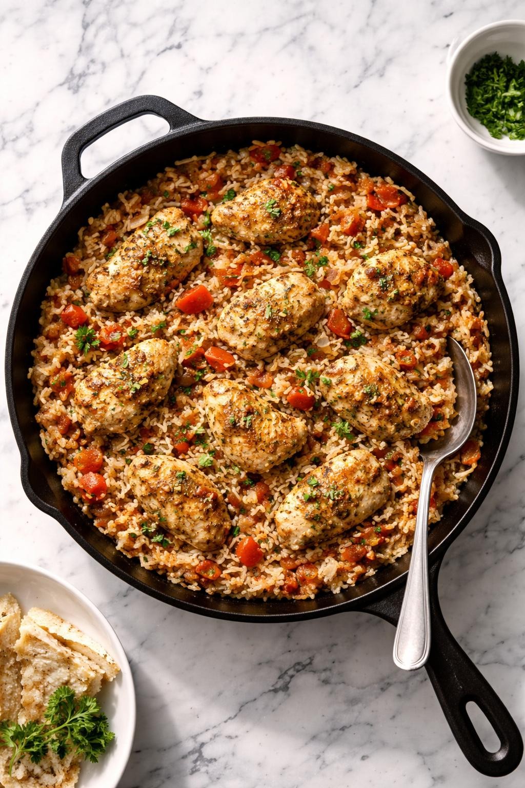 Image Prompt: Top-down realistic editorial food photography of an Italian chicken and rice skillet on a clean white and gray marble countertop, fluffy rice cooked with seasoned chicken pieces, tomatoes, onions, garlic, and herbs in a rustic skillet, warm homemade dinner mood, bright natural window light, soft shadows, clean composition, high detail, no people, no hands, no text, no watermarks, no props with writing.