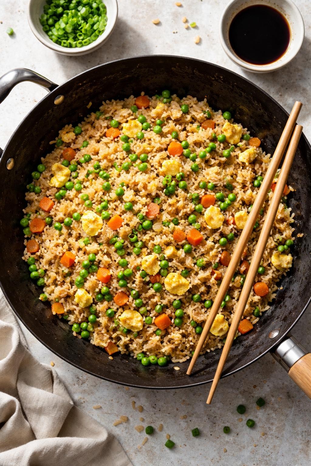Photo prompt: Realistic top-down editorial food photography of a wok filled with fried rice made from leftover rice, with peas, carrots, eggs, and soy sauce. A pair of chopsticks. Bright natural light, leftover transformation mood, no people, no hands, no text, no watermarks, no props with writing.