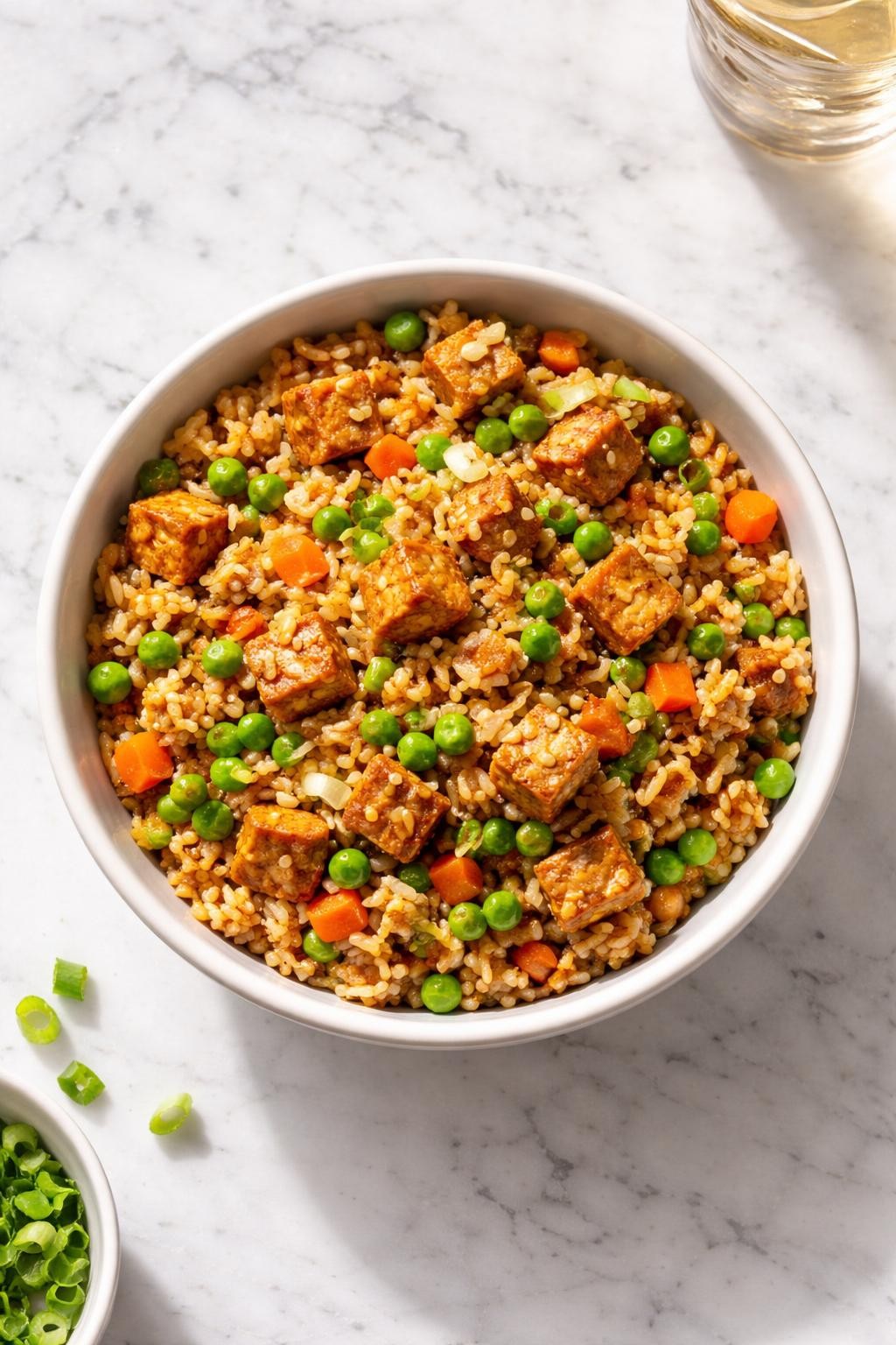 Image Prompt: Top-down realistic editorial food photography of homemade vegan tempeh fried rice on a clean white marble countertop, fluffy rice stir-fried with browned tempeh, peas, carrots, and green onions in a simple bowl, warm quick homemade dinner mood, bright natural daylight, soft shadows, clean composition, high detail, no people, no hands, no text, no watermarks, no props with writing.