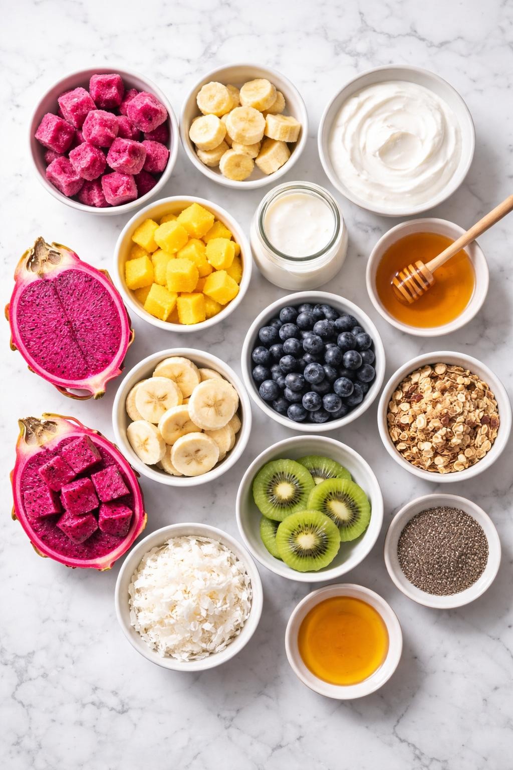 Prompt: A realistic top-down flat lay food photography image of dragon fruit smoothie bowl ingredients arranged neatly on a countertop marble table. Include frozen pink dragon fruit cubes, frozen banana slices, frozen mango chunks, thick Greek yogurt or coconut yogurt, almond milk, honey, fresh dragon fruit cubes, fresh banana slices, kiwi slices, blueberries, granola, chia seeds, and coconut flakes. Clean bright natural light, simple organized layout, no people, no hands, no text, no watermarks, no props with writing.