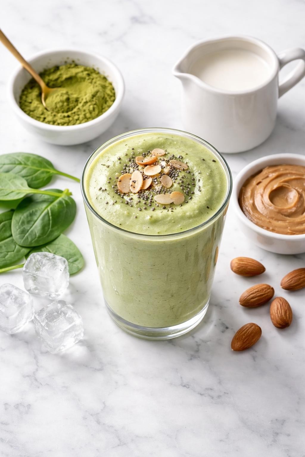 Realistic top-down editorial food photography of a matcha almond low carb smoothie in a clear glass on a clean white marble countertop. The smoothie is soft green, thick, creamy, and smooth, styled with matcha powder in a plain bowl, almond butter in a plain dish, almond milk, spinach leaves, and ice cubes nearby. Bright natural light, clean modern smoothie styling, high detail, realistic creamy texture, no people, no hands, no text, no watermarks, no props with writing.