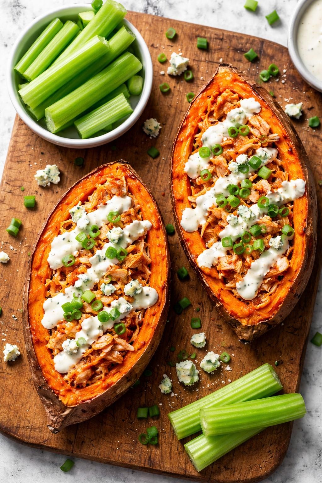 "Top-down realistic shot of two roasted sweet potato halves on a cutting board, filled with shredded buffalo chicken, drizzled with ranch dressing, and sprinkled with green onions and crumbled blue cheese. A small side of celery sticks. Bright kitchen light, spicy and satisfying prep, no people, no hands, no text, no watermarks."