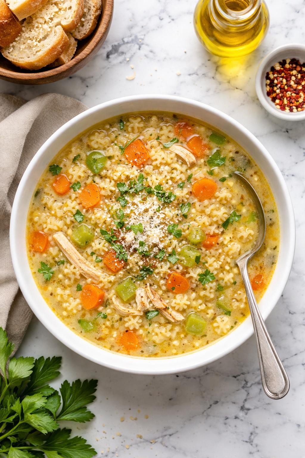 An overheard picture view of a plate of Classic Italian Pastina Soup sitting on a marble countertop table in the kitchen, professional food photography style.