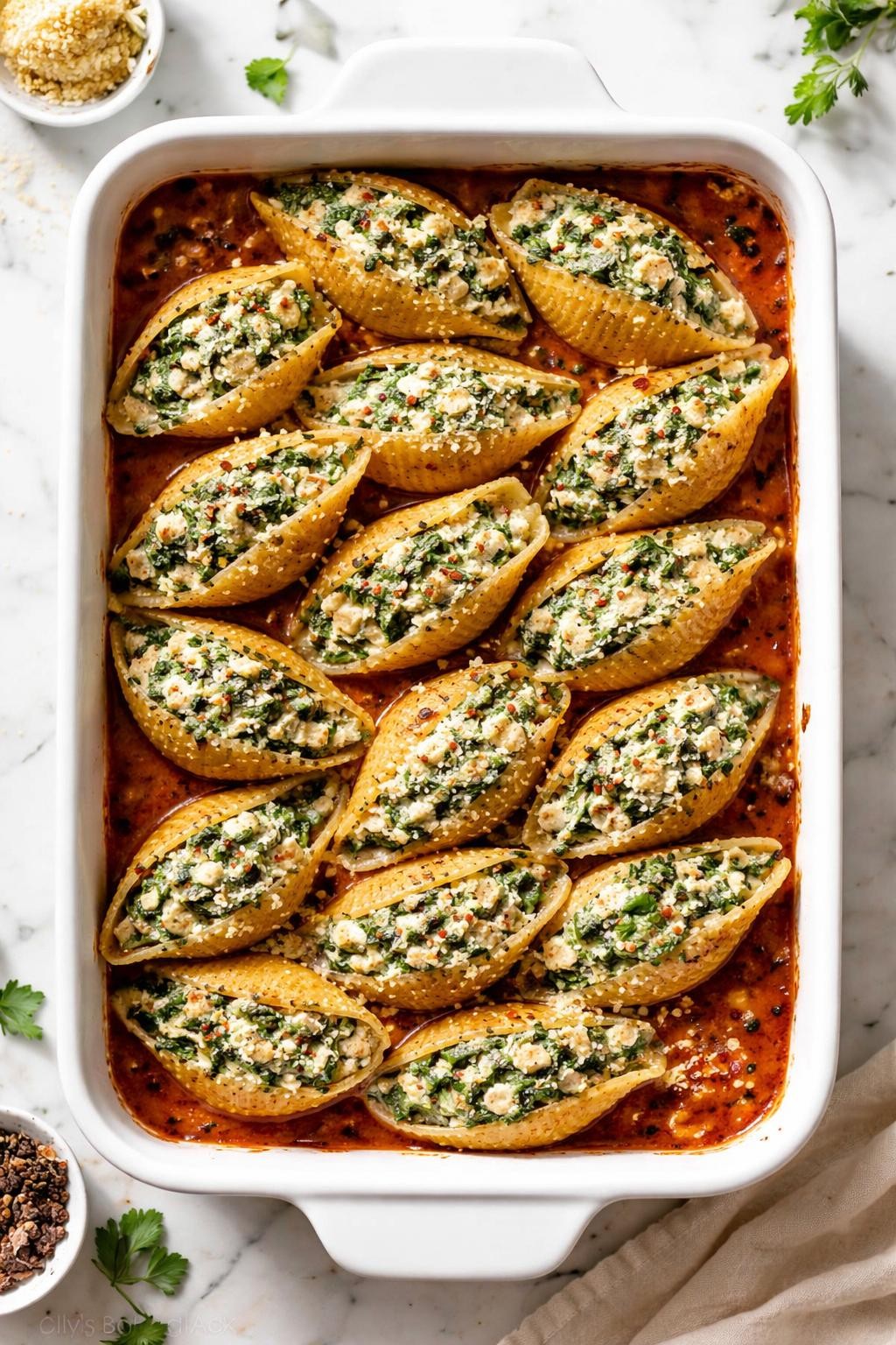 Image Prompt: Top-down realistic food photography of vegan stuffed shells in a white baking dish on a clean marble countertop, jumbo pasta shells filled with creamy tofu spinach mixture and baked in rich tomato sauce, cozy homemade Thanksgiving main dish styling, bright natural daylight, clean editorial composition, high detail, no people, no hands, no text, no watermarks, no props with writing.