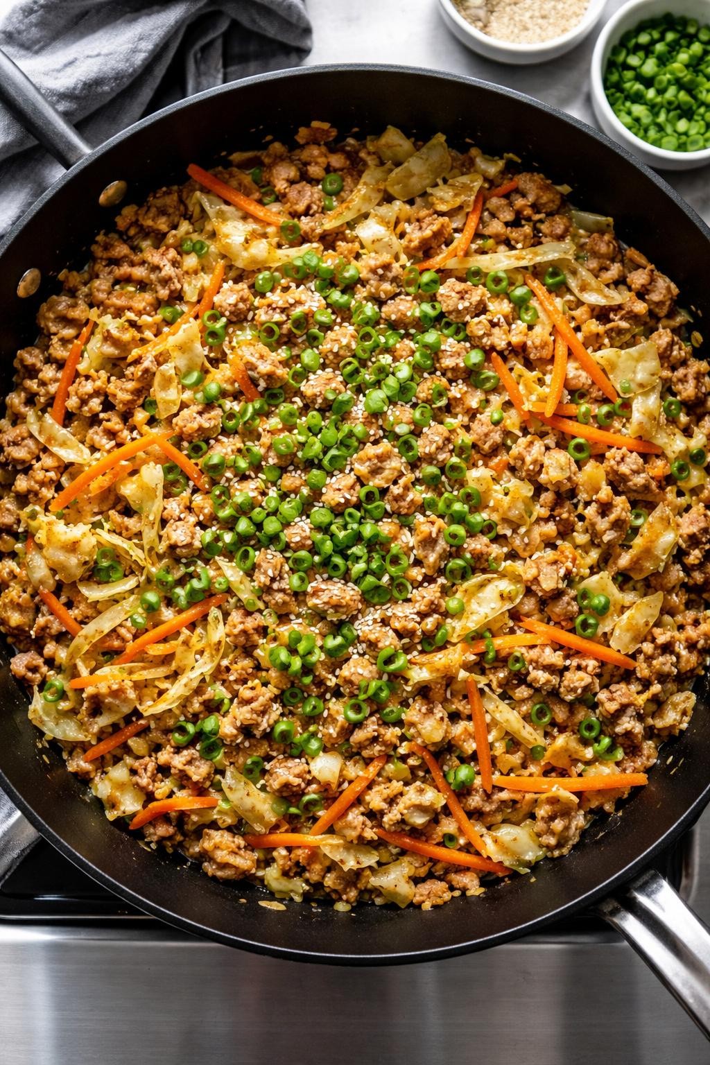 "Overhead realistic shot of a large skillet filled with ground pork, shredded cabbage, shredded carrots, diced onions, and a soy-sesame sauce, all cooked together until glossy and tender. A sprinkle of green onions and sesame seeds on top. Bright stovetop light, low-carb and savory prep, no people, no hands, no text, no watermarks."