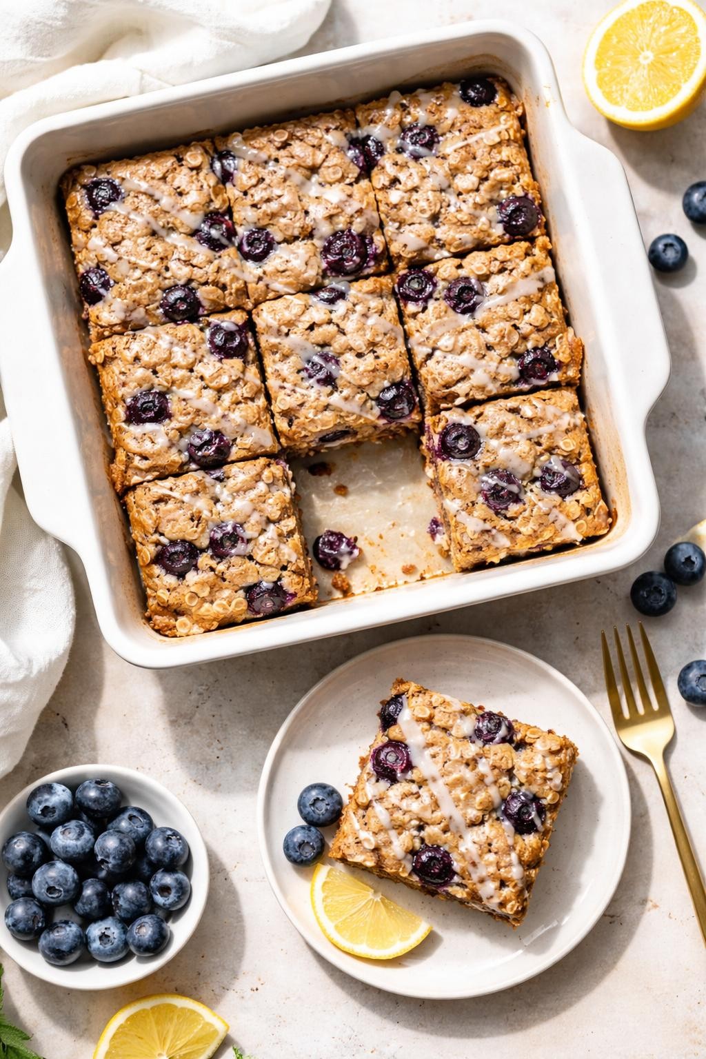 "Top-down realistic photo of a square baking dish filled with oatmeal breakfast bars, with visible chunks of blueberries and a light lemon glaze drizzled on top. One bar lifted out and placed on a small plate. Soft natural light, portable and sweet breakfast prep, no people, no hands, no text, no watermarks."