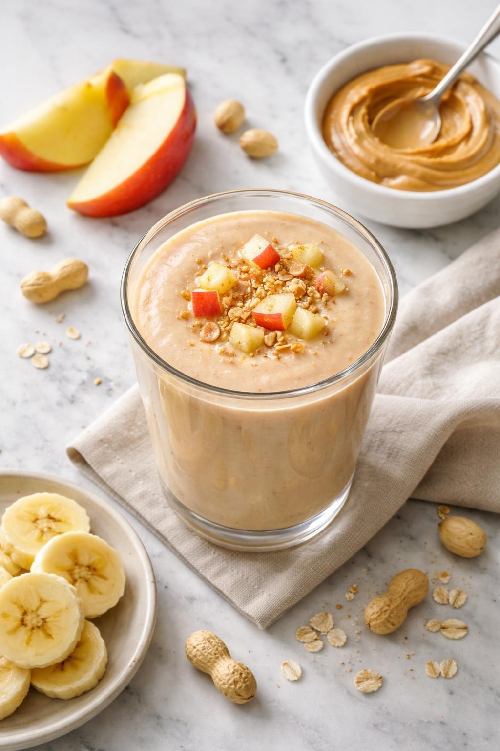 Realistic top-down editorial food photography of a creamy apple peanut butter smoothie in a clear glass on a white and gray marble countertop. The smoothie is pale tan, thick, and smooth, styled with apple slices, a small spoon of peanut butter in a plain dish, banana rounds, and a few peanuts nearby. Soft natural window lighting, cozy healthy snack styling, realistic creamy texture, high detail, no people, no hands, no text, no watermarks, no props with writing.