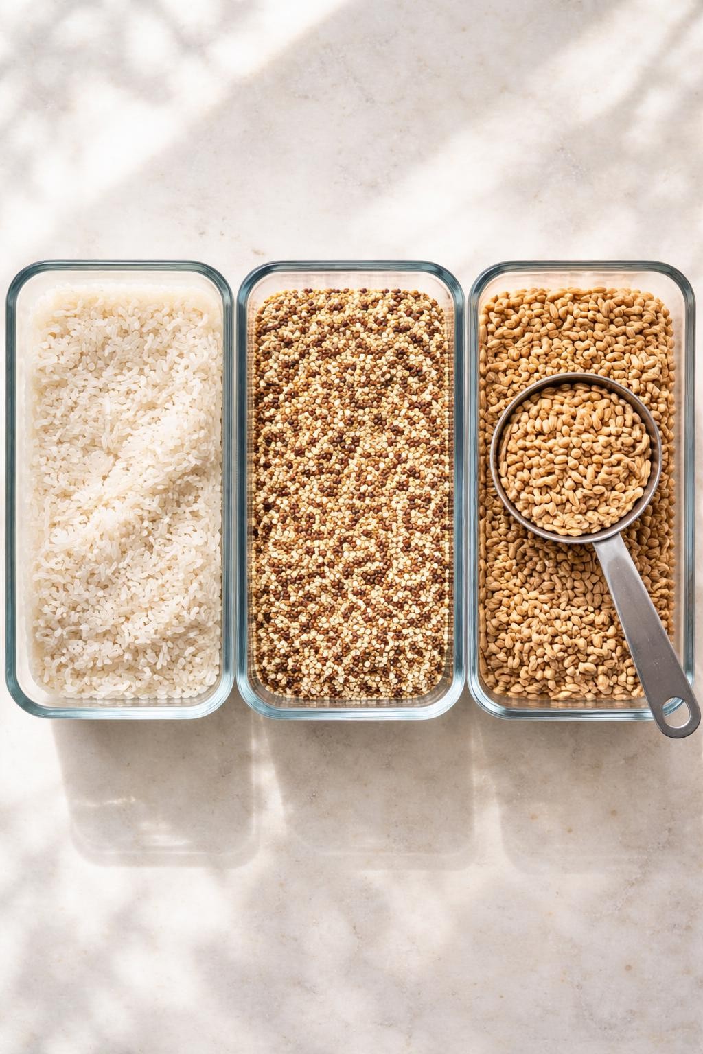 "Top-down realistic shot of three glass containers side by side: one with white rice, one with quinoa, one with farro. A measuring cup scooping grains. Bright natural light, versatile carb prep, no people, no hands, no text, no watermarks."