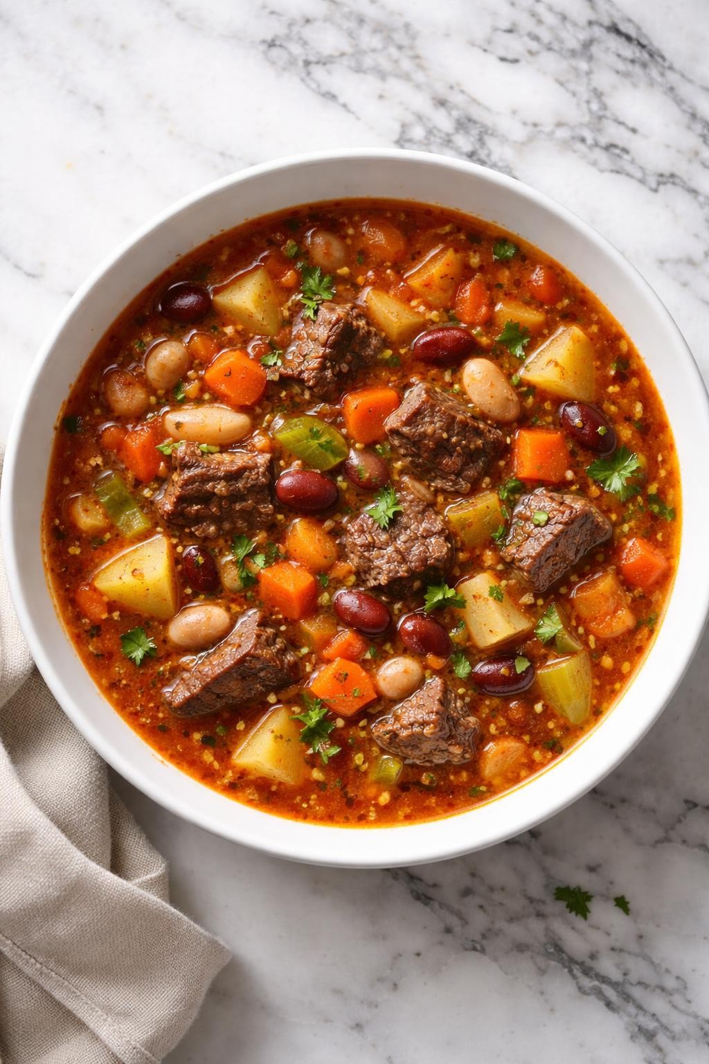 Image Prompt: Top-down realistic editorial food photography of hearty vegetable beef soup with beans in a deep white bowl on a clean white and gray marble countertop, rich broth with beef, beans, carrots, celery, potatoes, and tomatoes, cozy homemade dinner mood, bright natural window lighting, soft shadows, high detail, no people, no hands, no text, no watermarks, no props with writing.
