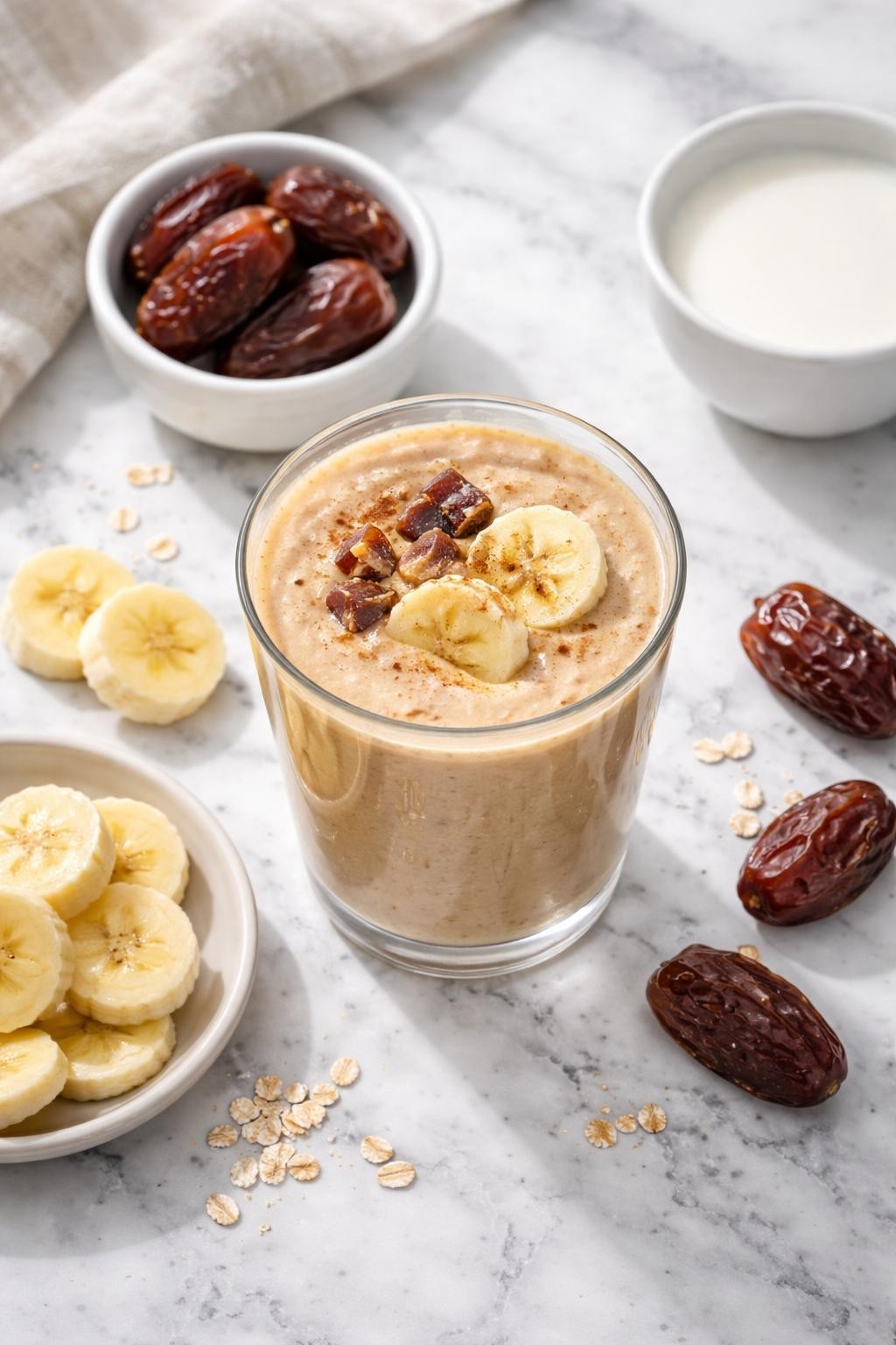 Realistic top-down editorial food photography of a creamy banana date smoothie served in a clear glass on a clean white and gray marble countertop. The smoothie is pale caramel beige, thick, smooth, and glossy, with pitted Medjool dates, banana slices, and a small plain bowl of milk styled neatly nearby. Bright natural window lighting, soft shadows, clean breakfast smoothie styling, high detail, realistic creamy texture, no people, no hands, no text, no watermarks, no props with writing.
