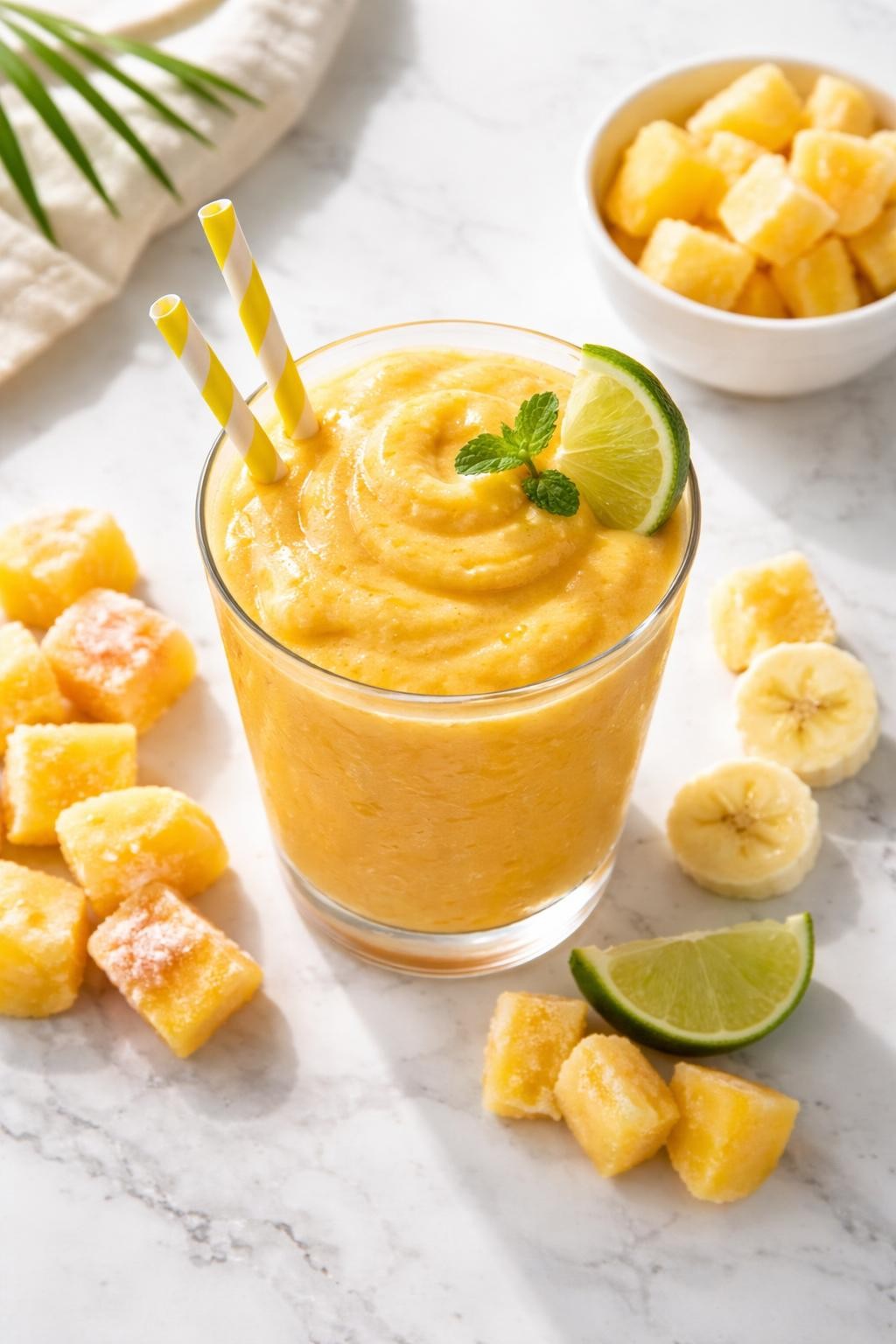 Realistic top-down editorial food photography of a frozen tropical fruit smoothie in a clear glass on a clean white marble countertop. The smoothie is golden yellow-orange, thick, cold, and smooth, styled with frozen mango, frozen pineapple, banana slices, and a small lime wedge nearby. Bright natural daylight, clean tropical drink styling, high detail, realistic smoothie texture, no people, no hands, no text, no watermarks, no props with writing.