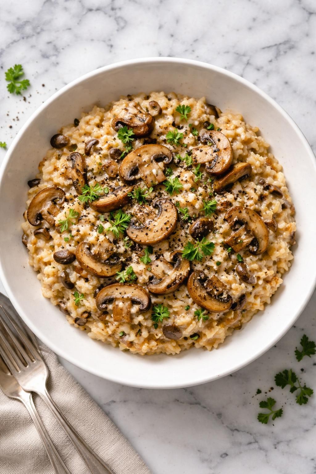 Image Prompt: Top-down realistic editorial food photography of creamy vegan mushroom risotto in a shallow white bowl on a clean white and gray marble countertop, arborio rice with a rich glossy texture cooked with sautéed mushrooms, garlic, and herbs, finished with cracked black pepper and fresh parsley, cozy homemade dinner mood, bright natural window lighting, soft shadows, clean composition, high detail, realistic food texture, no people, no hands, no text, no watermarks, no props with writing.