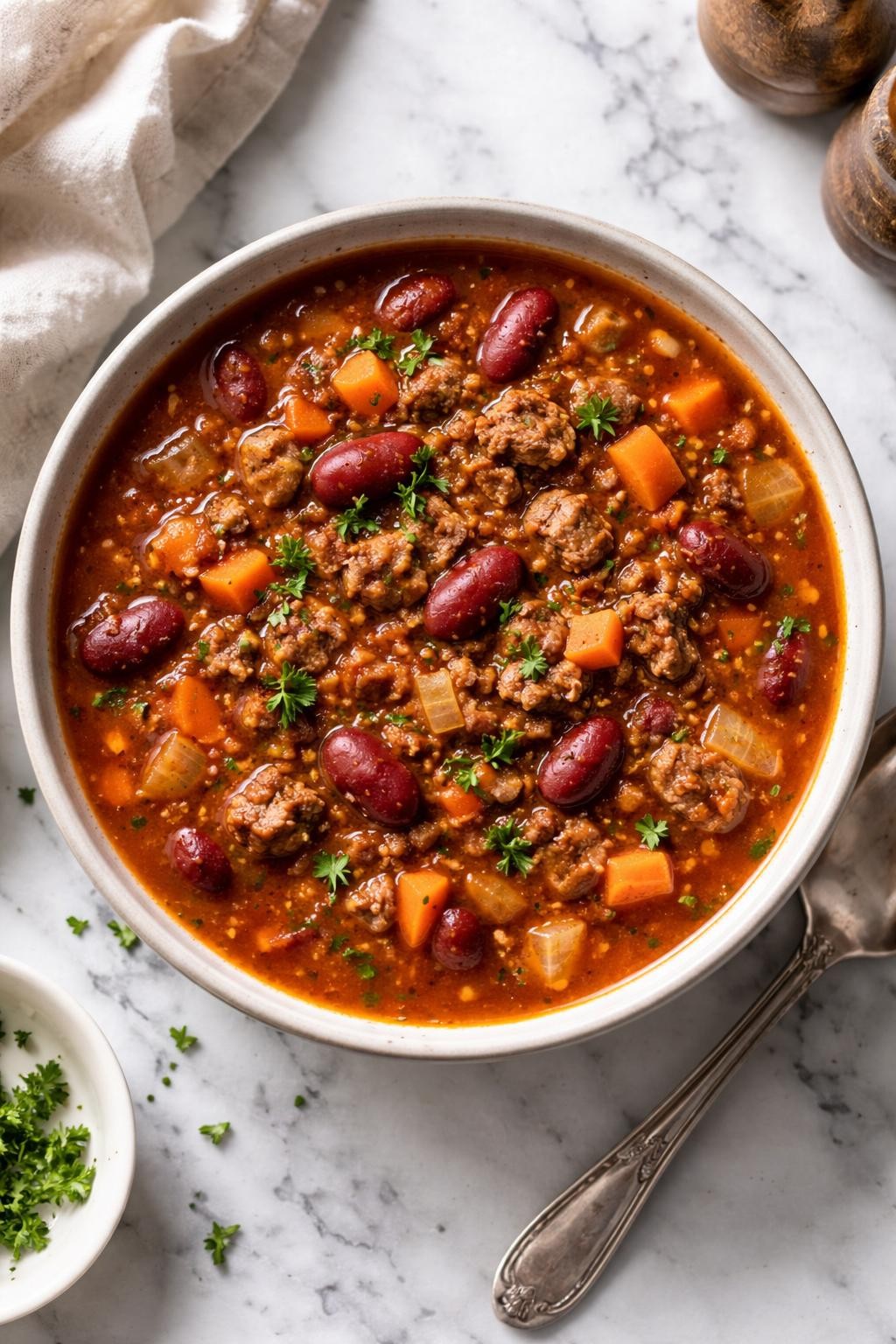 Image Prompt: Realistic top-down editorial food photography of hamburger bean soup in a neutral ceramic bowl on a clean white and gray marble countertop, rich tomato broth with browned ground beef, kidney beans, carrots, onions, and herbs, warm cozy homemade styling, bright natural light, soft shadows, no people, no hands, no text, no watermarks, no props with writing.