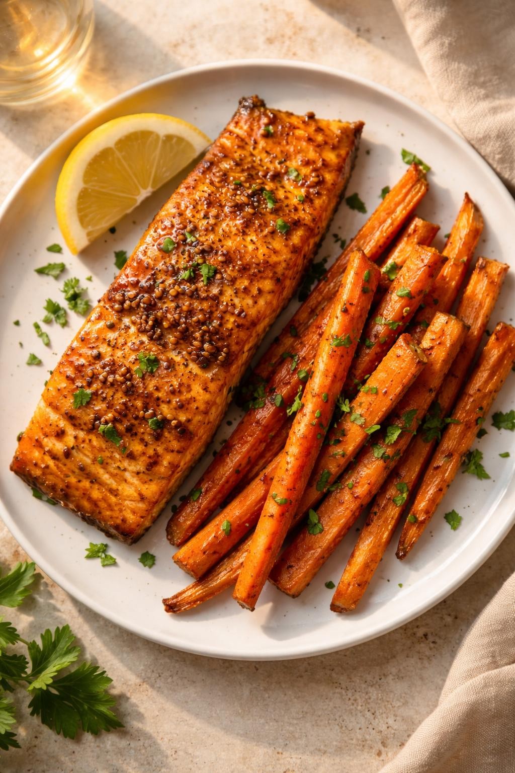 "Realistic top-down food photography of a white plate with a honey mustard salmon fillet and roasted carrot sticks. The salmon is glazed and slightly caramelized, the carrots are tender and sprinkled with fresh parsley. A lemon wedge on the side. Soft golden hour light, sweet and savory healthy dinner, no people, no hands, no text, no watermarks."