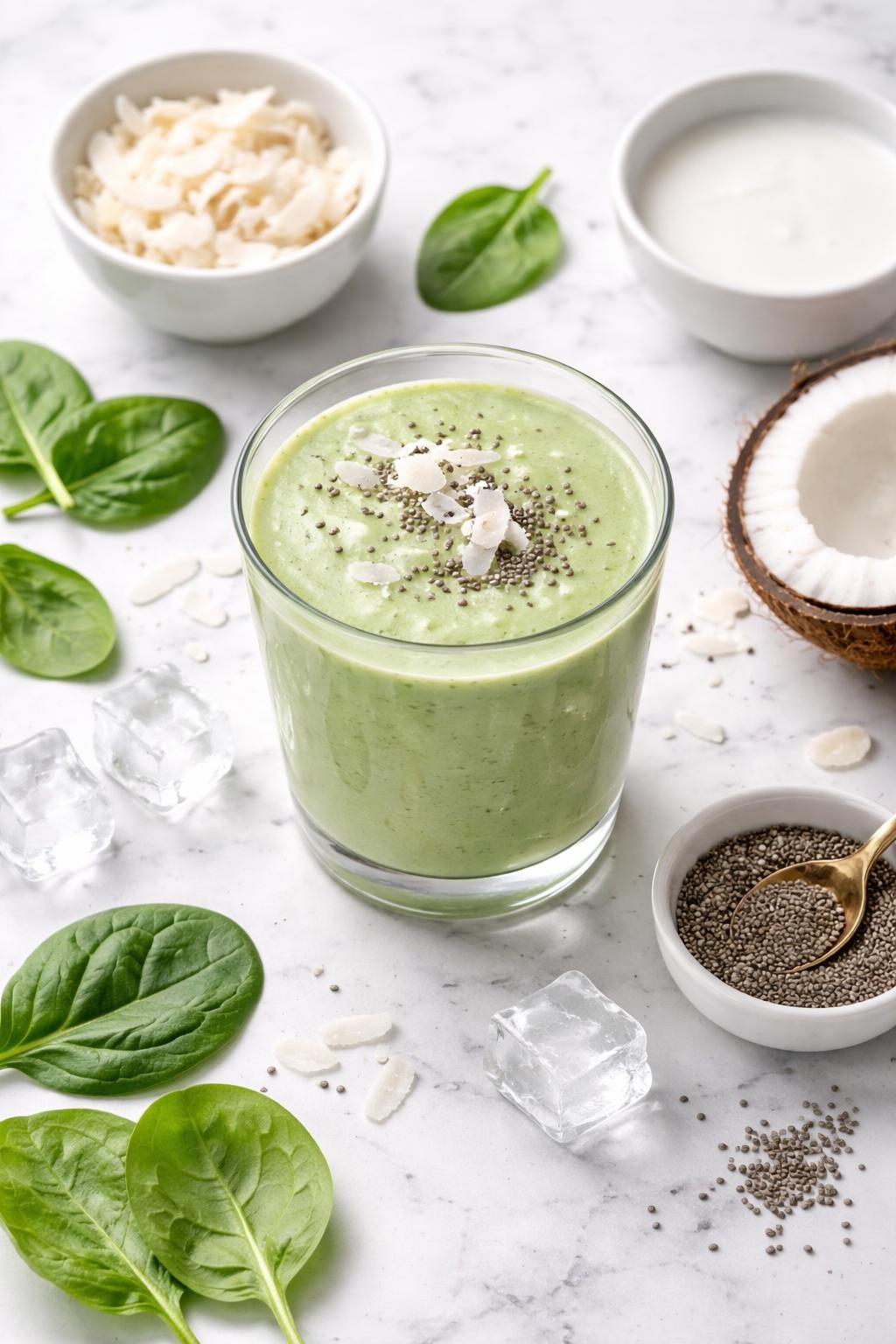 Realistic top-down editorial food photography of a coconut spinach low carb smoothie in a clear glass on a clean white marble countertop. The smoothie is pale green, thick, smooth, and creamy, styled with spinach leaves, coconut flakes, coconut milk in a plain small bowl, chia seeds, and ice cubes nearby. Bright natural daylight, clean healthy smoothie styling, realistic creamy texture, high detail, no people, no hands, no text, no watermarks, no props with writing.