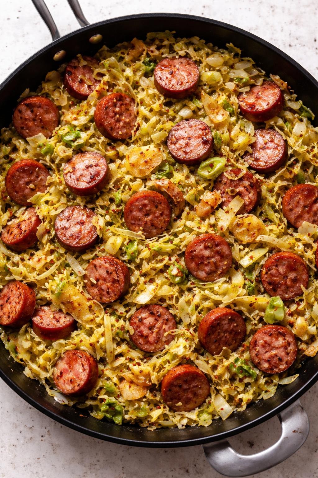 "Overhead realistic shot of a large skillet filled with sliced smoked sausage, shredded green cabbage, diced onions, and minced garlic, all cooked down until tender and slightly browned. A sprinkle of red pepper flakes on top. Bright stovetop light, cheap and hearty one-pan meal, no people, no hands, no text, no watermarks."