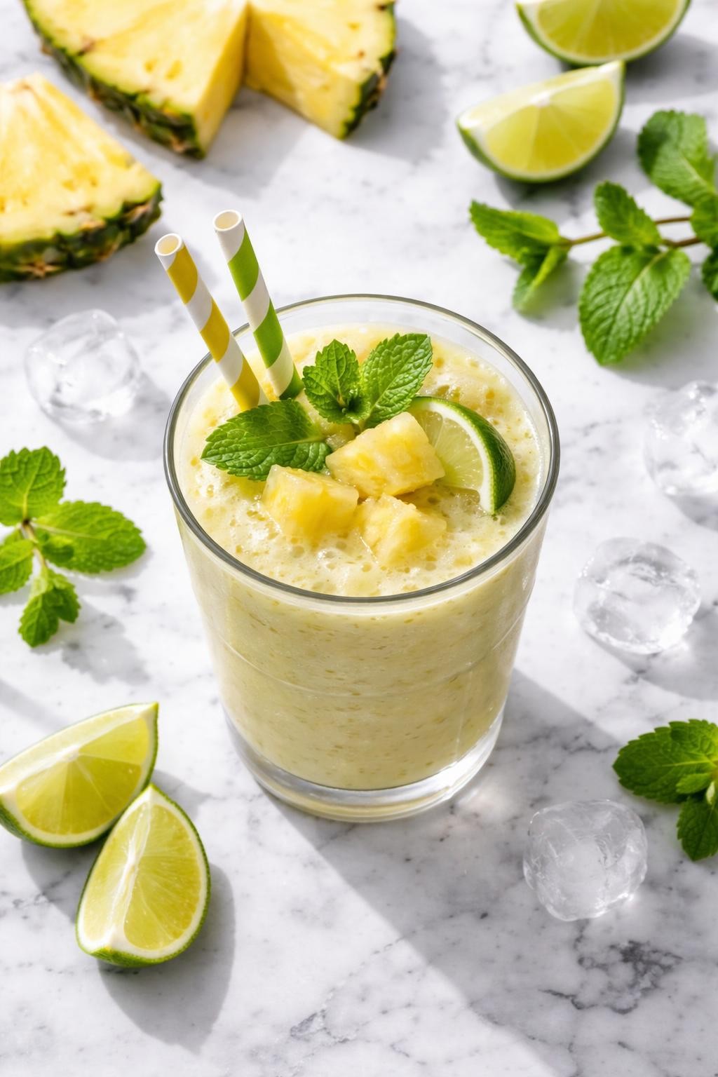 Realistic top-down food photography of a pineapple mint smoothie in a clear glass on a clean white and gray marble countertop. The smoothie is pale yellow and refreshing, styled with pineapple chunks, fresh mint leaves, lime wedges, and a few ice cubes nearby. Bright natural daylight, crisp clean tropical styling, realistic drink texture, high detail, no people, no hands, no text, no watermarks, no props with writing.