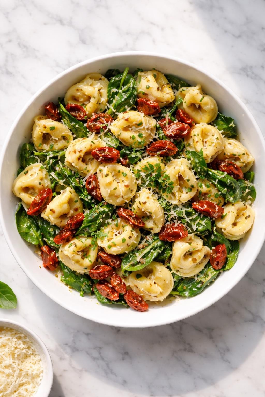 Image Prompt: Realistic top-down editorial food photography of sun-dried tomato tortellini pasta salad in a white serving bowl on a clean marble countertop, cheese tortellini tossed with chopped sun-dried tomatoes, spinach, parmesan, and herbs in a glossy light dressing, fresh homemade food styling, bright natural light, soft shadows, no people, no hands, no text, no watermarks, no props with writing.