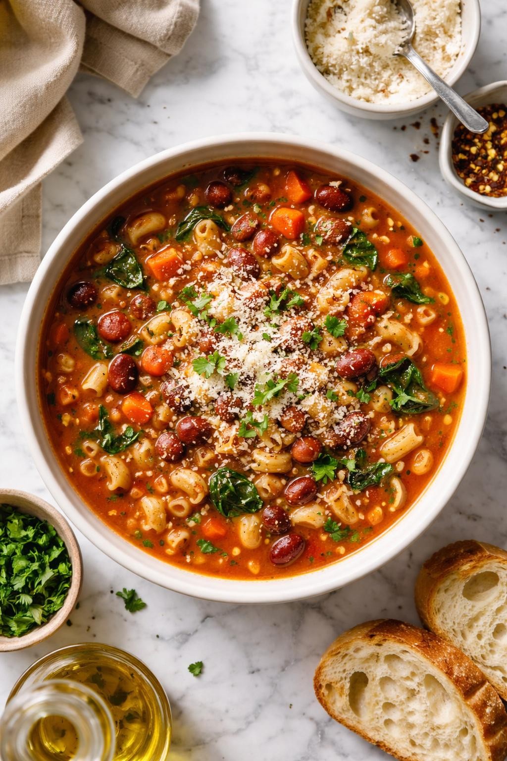 An overheard picture view of a plate of Hearty Pasta e Fagioli sitting on a marble countertop table in the kitchen, professional food photography style.
