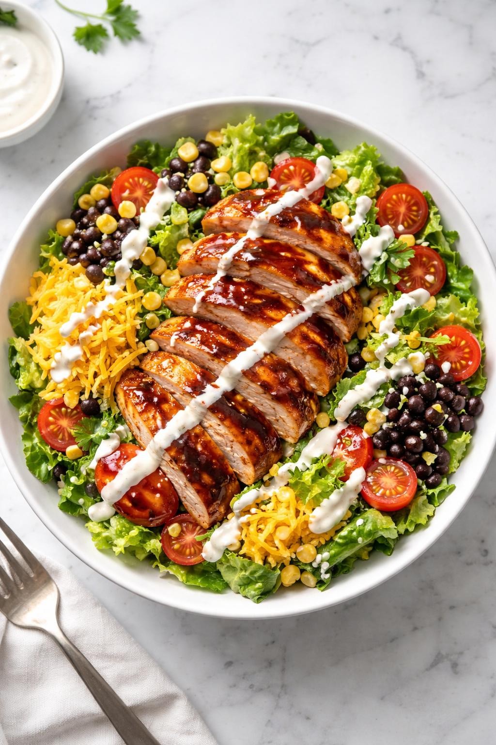 Image Prompt: Realistic top-down editorial food photography of a BBQ grilled chicken ranch salad in a large white bowl on a marble countertop, sliced grilled chicken brushed with barbecue sauce over romaine with corn, black beans, tomatoes, shredded cheddar, and ranch dressing, bright natural lighting, clean casual dinner styling, no people, no hands, no text, no watermarks, no props with writing.