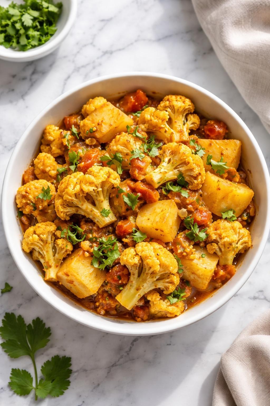 Image Prompt: Realistic top-down editorial food photography of aloo gobi in a simple white bowl on a clean white and gray marble countertop, golden cauliflower florets and potato cubes coated in turmeric, cumin, tomatoes, and cilantro, cozy homemade vegan Indian side dish mood, bright natural window lighting, soft shadows, clean composition, high detail, realistic food texture, no people, no hands, no text, no watermarks, no props with writing.