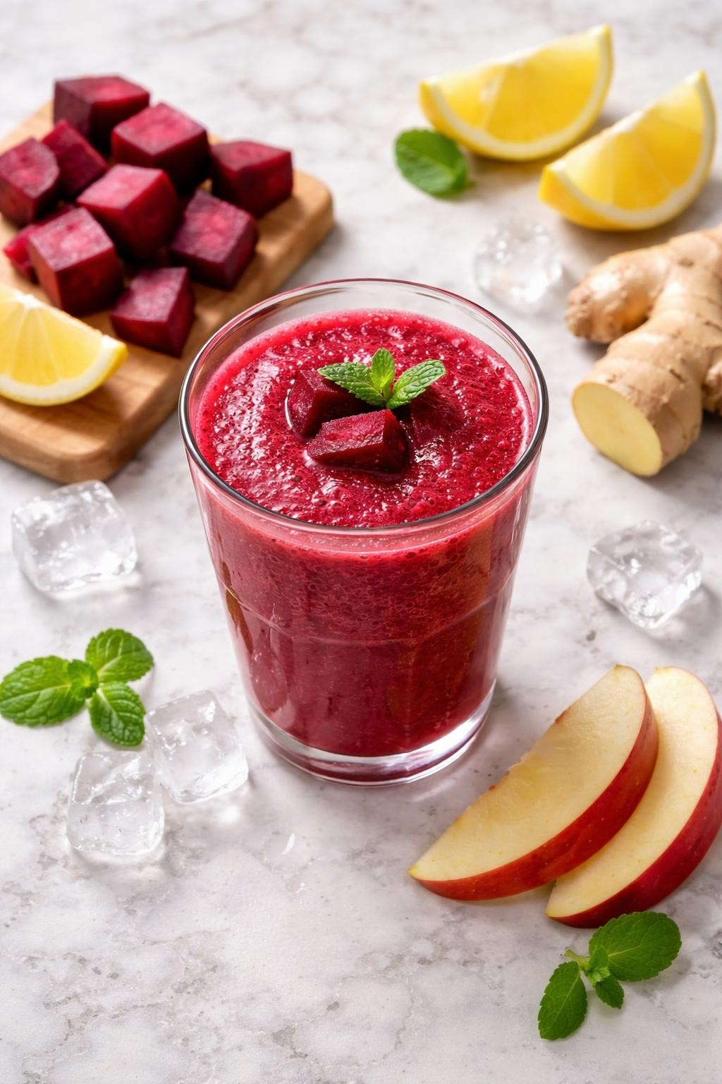 Realistic top-down editorial food photography of a beet ginger smoothie in a clear glass on a light marble countertop. The smoothie is deep ruby red, smooth, fresh, and cold-looking, styled with beet cubes, a small piece of fresh ginger, lemon wedges, apple slices, and ice cubes nearby. Soft natural daylight, clean refreshing smoothie styling, high detail, realistic drink texture, no people, no hands, no text, no watermarks, no props with writing.