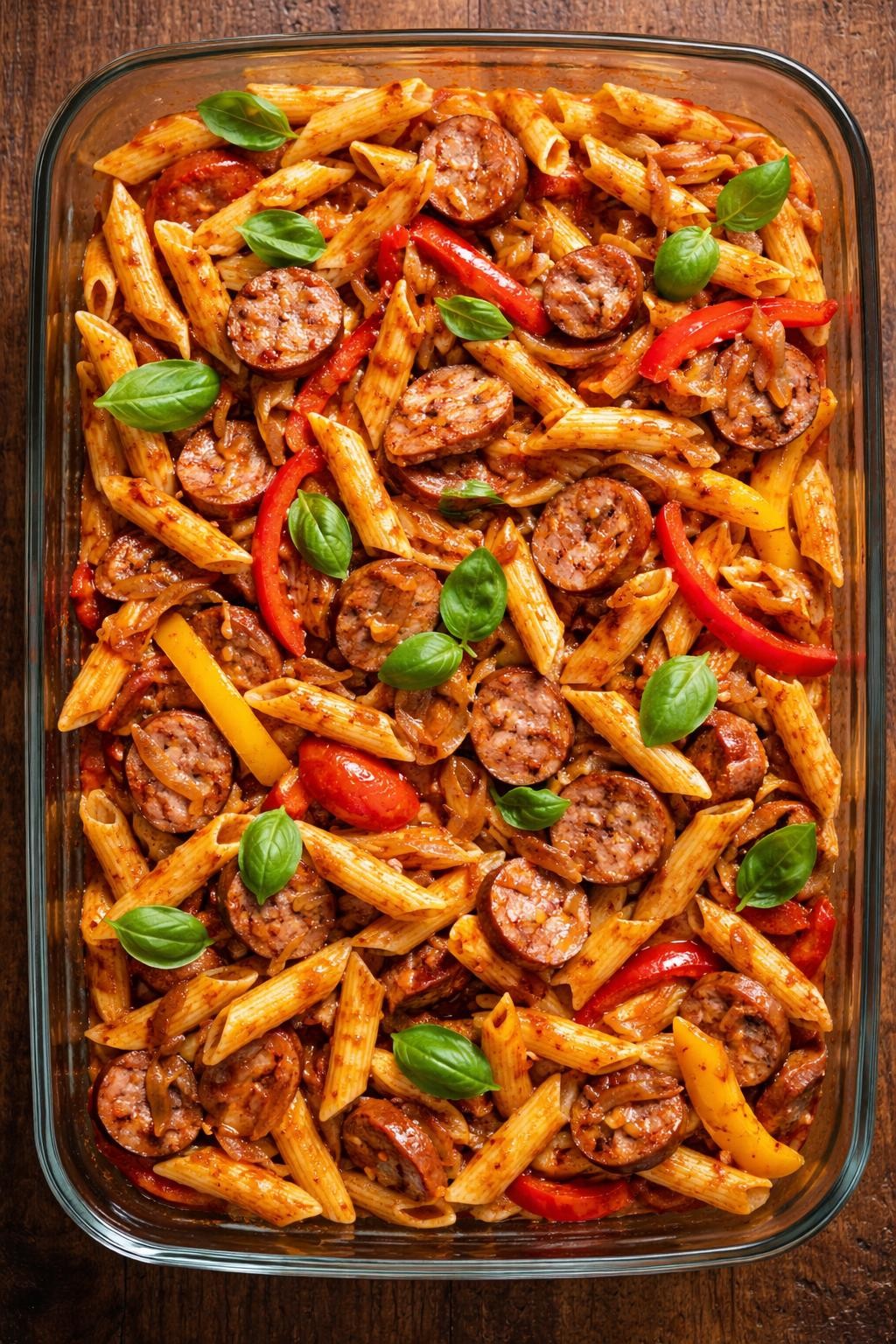 "Overhead realistic photo of a large glass container filled with penne pasta mixed with sliced Italian sausage, red and yellow bell pepper strips, and caramelized onions, all coated in a light tomato sauce. Fresh basil leaves scattered on top. Warm golden light, hearty and comforting prep meal, no people, no hands, no text, no watermarks."
