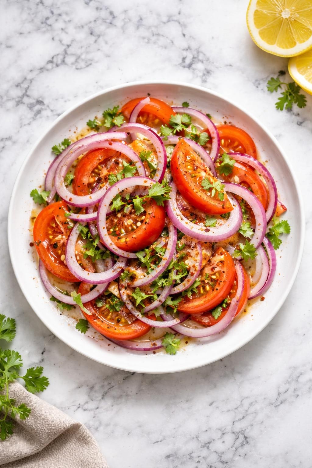 Image Prompt: Top-down realistic editorial food photography of onion tomato lemon salad on a clean white and gray marble countertop, sliced red onions and tomatoes arranged in a simple salad plate with lemon juice, cilantro, and spices, fresh homemade Indian side salad styling, bright natural light, soft shadows, high detail, no people, no hands, no text, no watermarks, no props with writing.