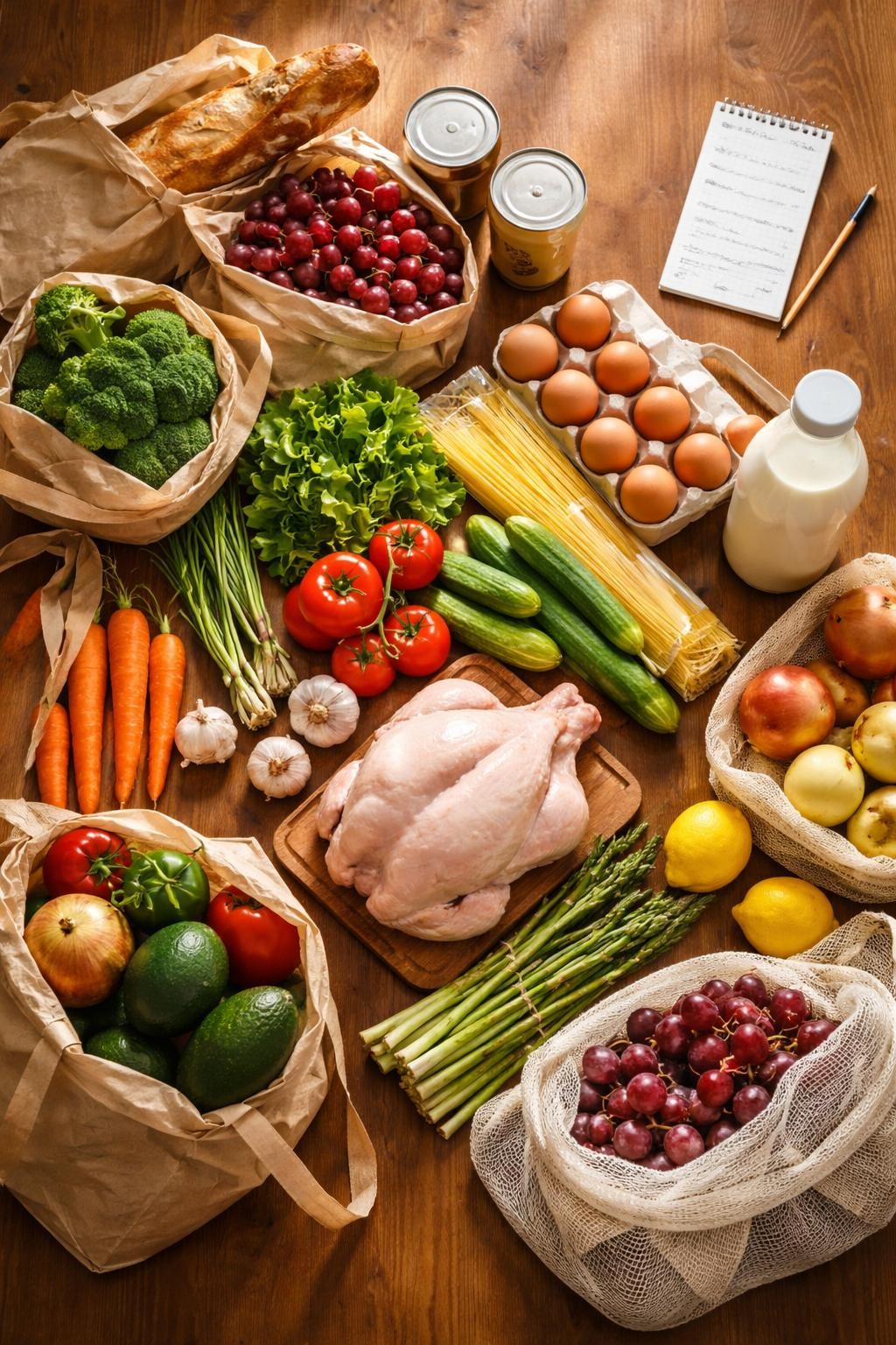 Prompt: Realistic top-down editorial food photography of a wooden kitchen table covered with grocery bags, fresh produce, eggs, milk, canned beans, pasta, and a whole chicken. A handwritten grocery list on a notepad sits in the corner. Warm natural light, realistic shopping haul styling, organized but not overly styled, no people, no hands, no text, no watermarks, no props with writing.