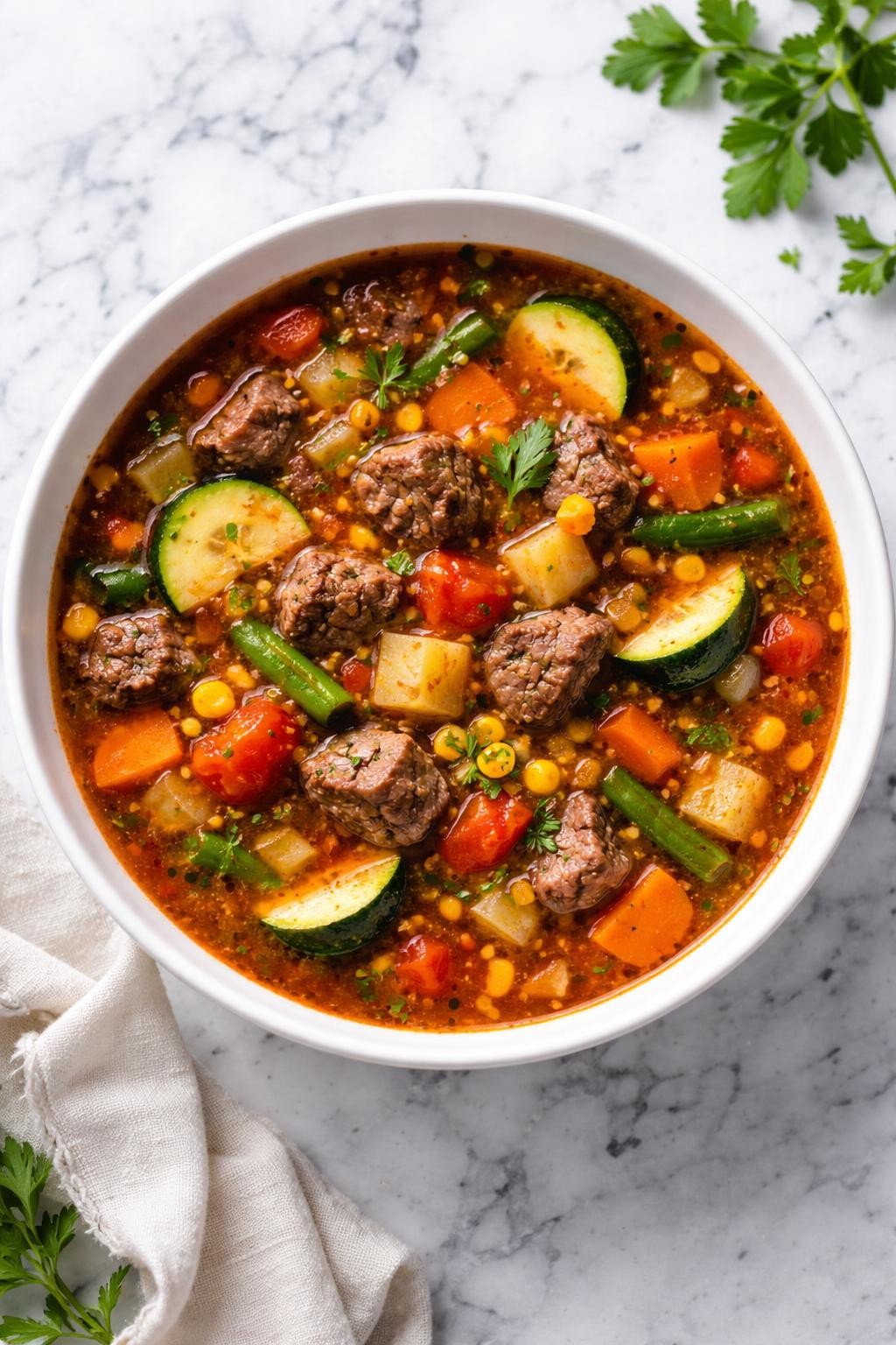 Image Prompt: Top-down realistic editorial food photography of garden vegetable beef soup in a deep white bowl on a clean white and gray marble countertop, rich broth with beef, zucchini, carrots, corn, green beans, tomatoes, and herbs, fresh homemade dinner styling, bright natural light, soft shadows, high detail, no people, no hands, no text, no watermarks, no props with writing.