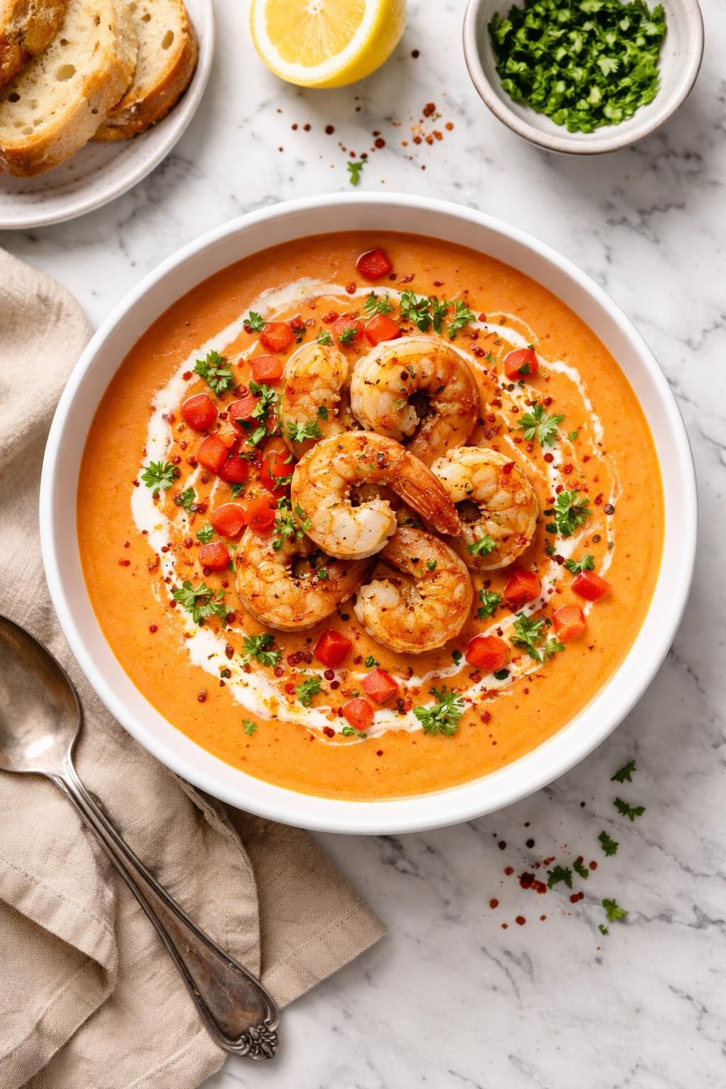 An overheard picture view of a plate of Shrimp Bisque with Red Pepper sitting on a marble countertop table in the kitchen, professional food photography style.