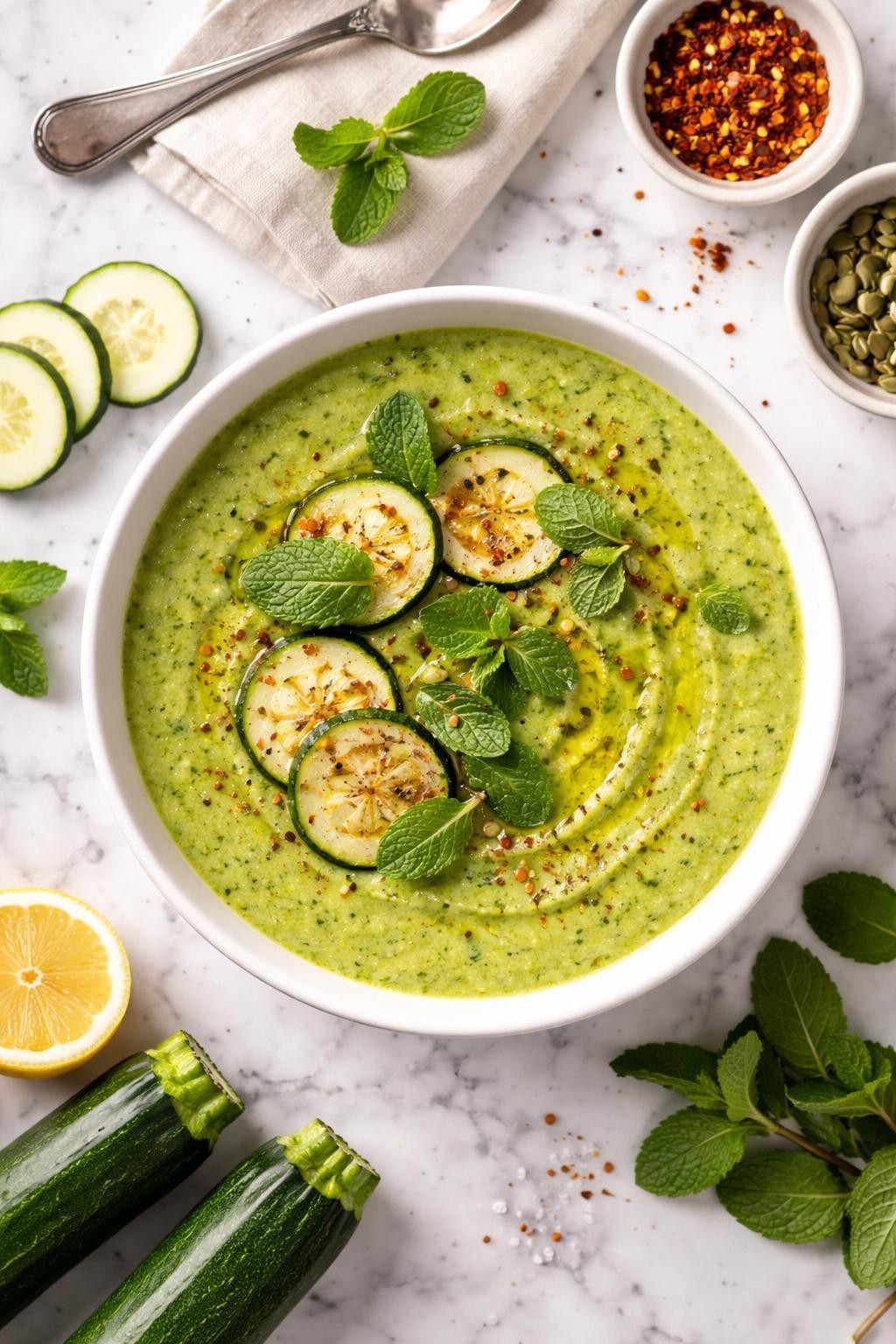 An overheard picture view of a plate of Zucchini and Mint Soup sitting on a marble countertop table in the kitchen, professional food photography style.