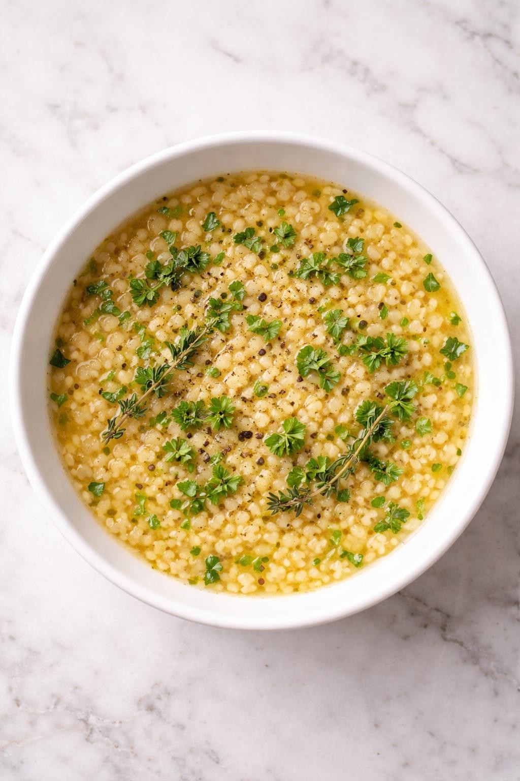 Image Prompt: Realistic top-down editorial food photography of herb pastina soup in a white bowl on a clean marble countertop, tiny pastina pasta in a golden broth with chopped parsley, thyme, and black pepper, warm homemade comfort food mood, bright natural daylight, no people, no hands, no text, no watermarks, no props with writing.
