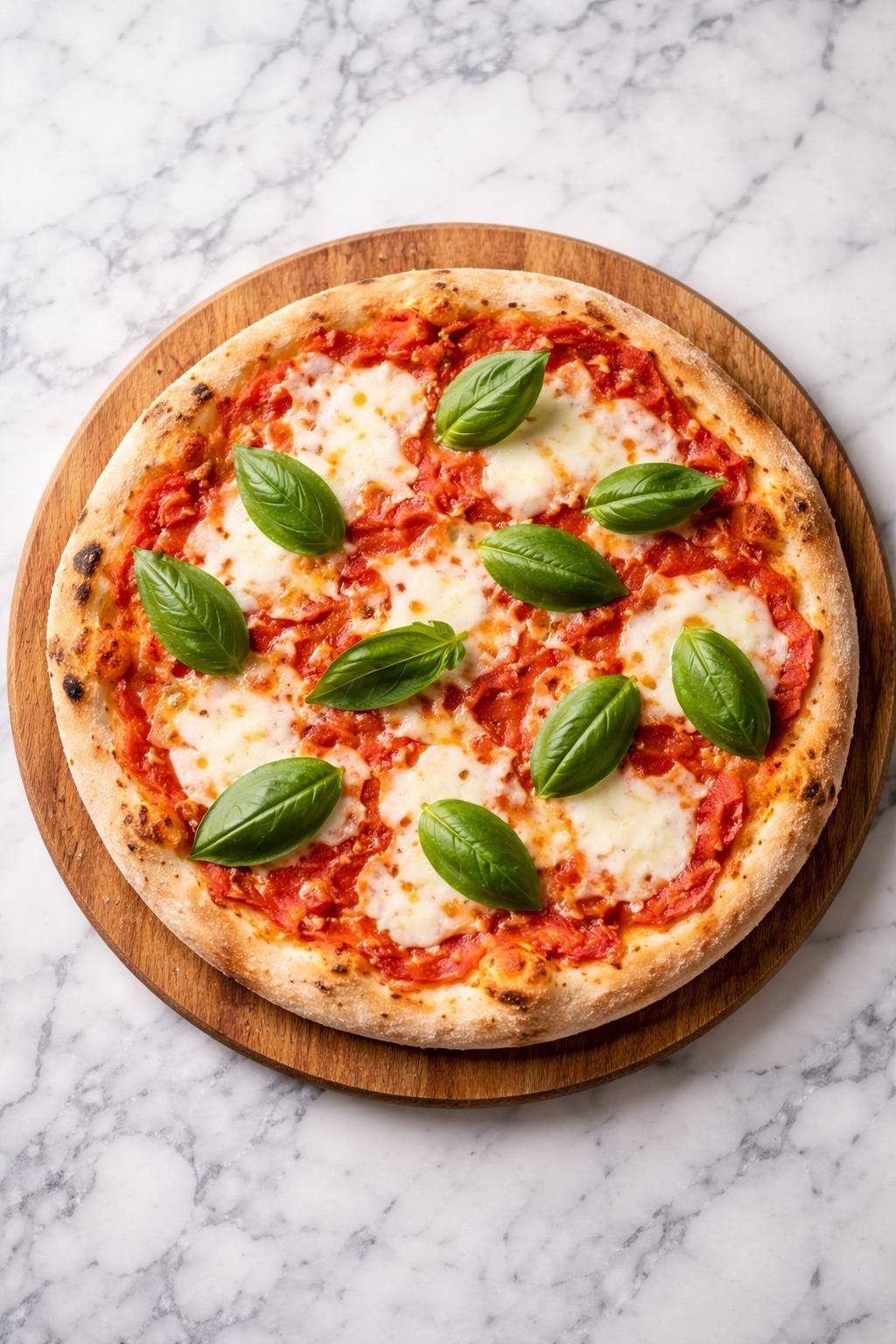 Image Prompt: Top-down realistic editorial food photography of a homemade margherita pizza on a wooden board over a clean white and gray marble countertop, thin crust pizza topped with tomato sauce, melted mozzarella, and fresh basil leaves, bright natural daylight, simple Italian dinner mood, no people, no hands, no text, no watermarks, no props with writing.