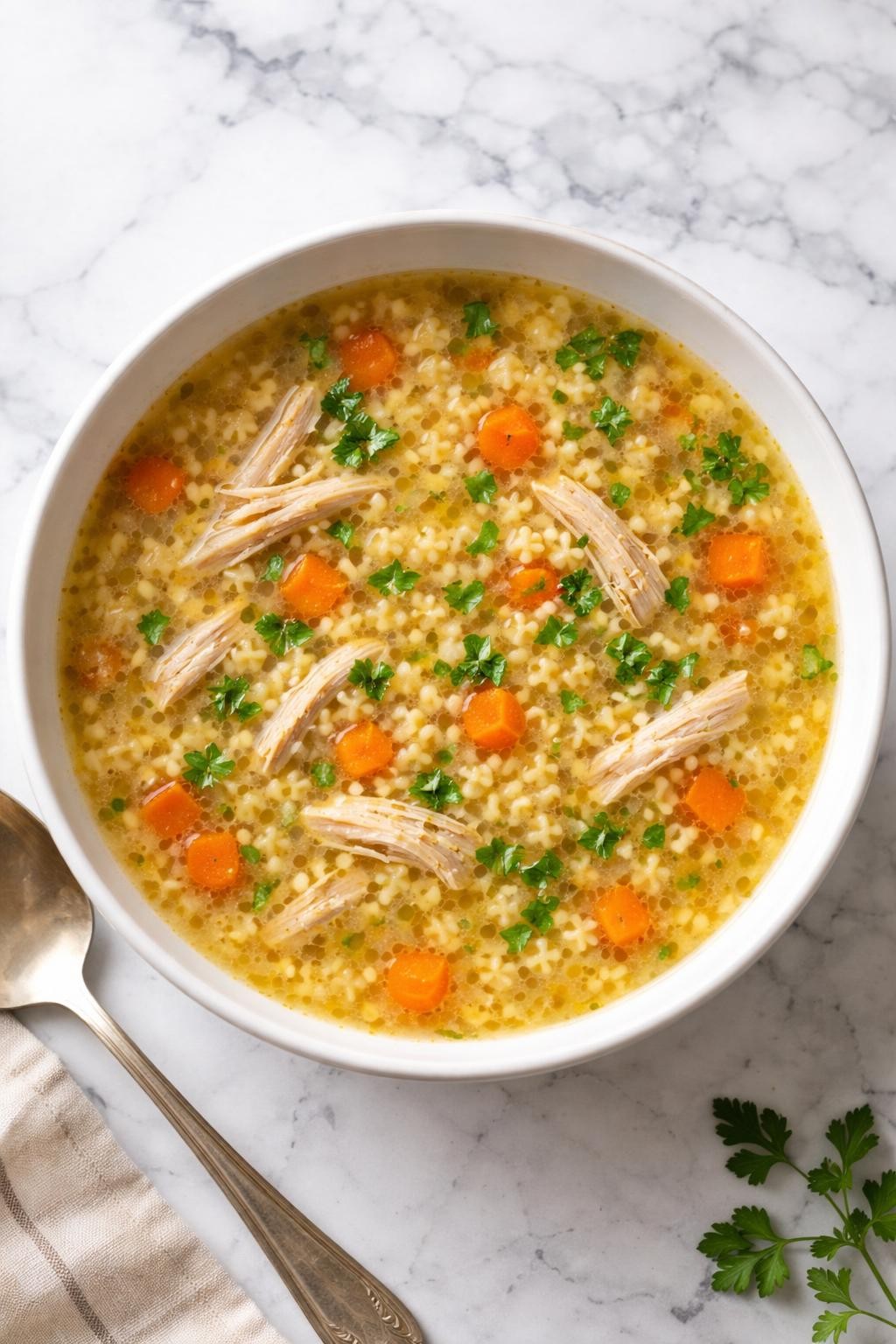 Image Prompt: Realistic top-down editorial food photography of pastina soup with shredded turkey in a white bowl on a clean white and gray marble countertop, tiny pastina pasta in golden broth with tender turkey pieces, carrots, and parsley, cozy homemade soup styling, bright natural window light, no people, no hands, no text, no watermarks, no props with writing.
