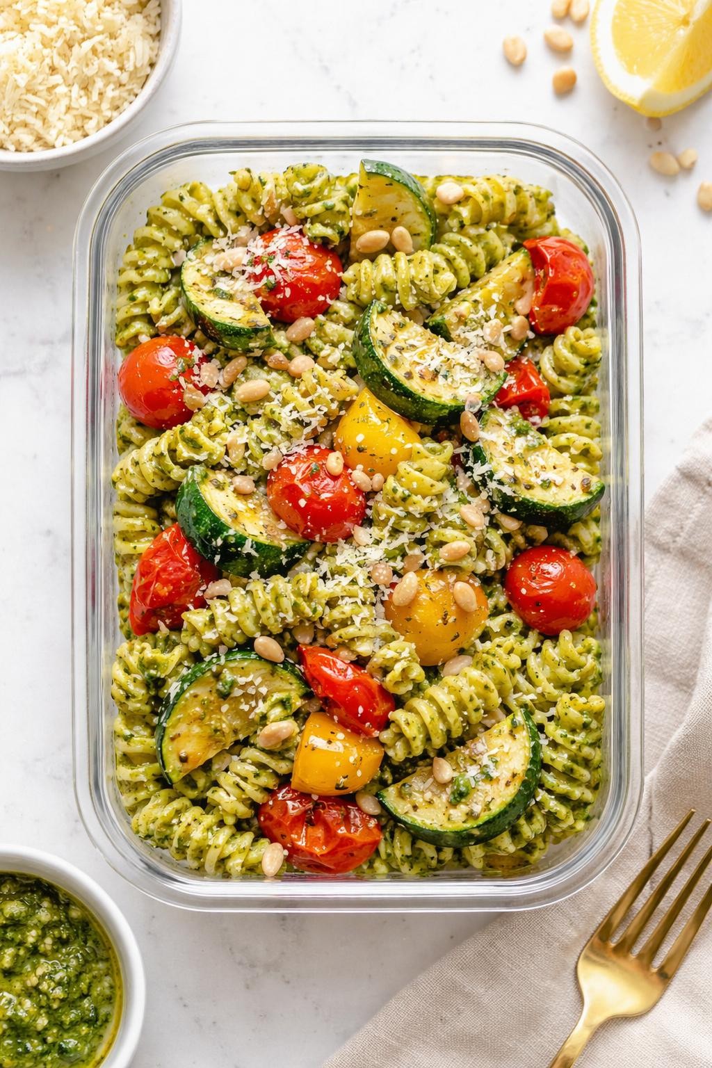 "Realistic top-down food photography of a meal prep container filled with pesto pasta and roasted vegetables on a white countertop. The pasta is rotini coated in green pesto, mixed with roasted zucchini, bell peppers, and cherry tomatoes. A sprinkle of pine nuts and Parmesan cheese. Bright natural light, vegetarian and flavorful cold or hot lunch, no people, no hands, no text, no watermarks."