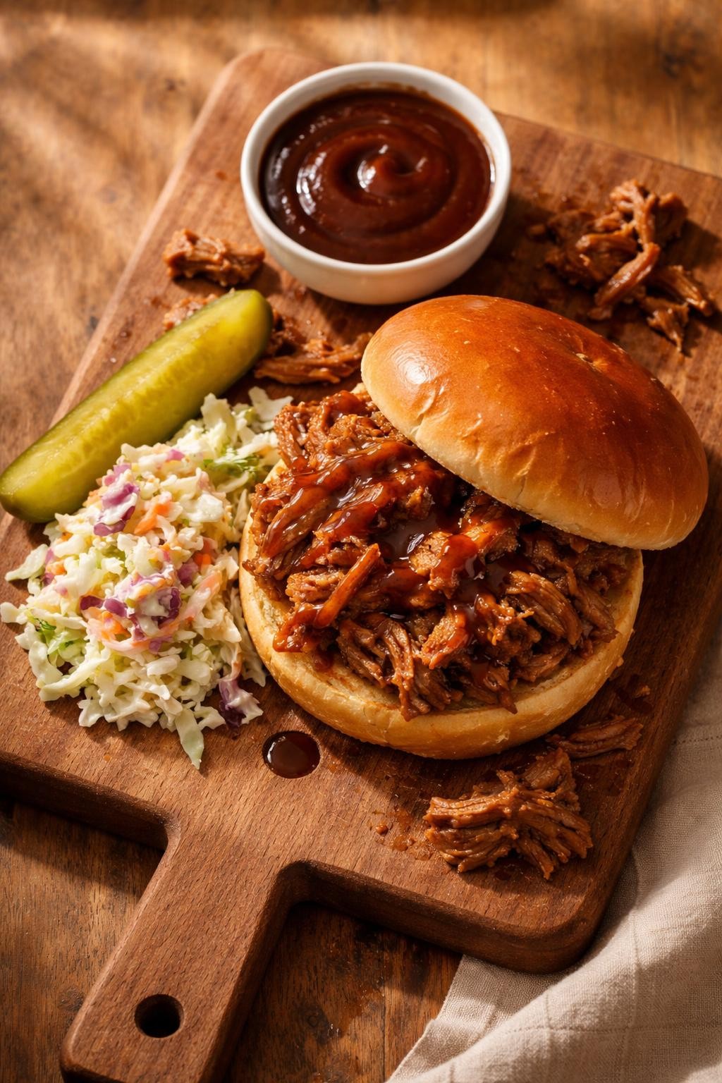 Photo prompt: Realistic top-down editorial food photography of a wooden board with shredded pulled pork on a soft bun, a scoop of coleslaw on the side, and a pickle spear. A small bowl of barbecue sauce. Warm natural light, easy slow cooker family dinner mood, no people, no hands, no text, no watermarks, no props with writing.